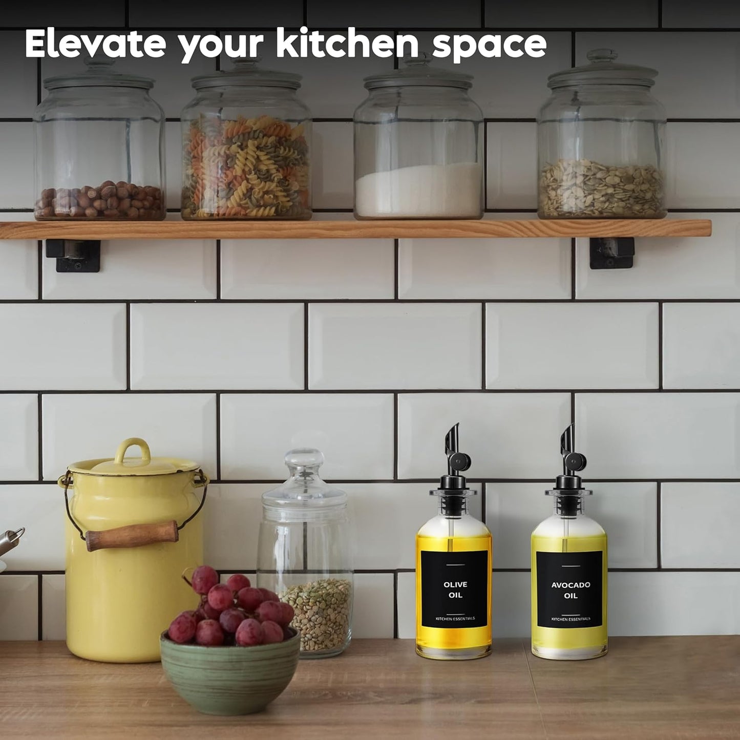 Olive Oil Dispenser Bottle - Includes 55 Kitchen Essential Labels - Cooking Oil Bottles for Kitchen, Coffee Syrup Dispenser - Pourer Spout with 11.8 fl oz Glass Container Cruet - 4pcs, Black