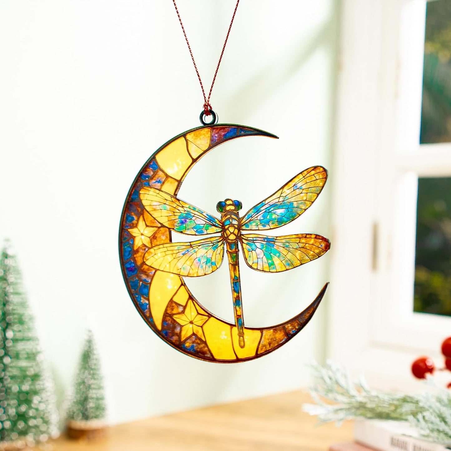 Dragonfly Moon Ornament – Stained Glass Style Suncatcher Memorial Gift – Spiritual Remembrance Decor for Loss of Loved One – Symbol of Hope and Transformation Hanging Decoration