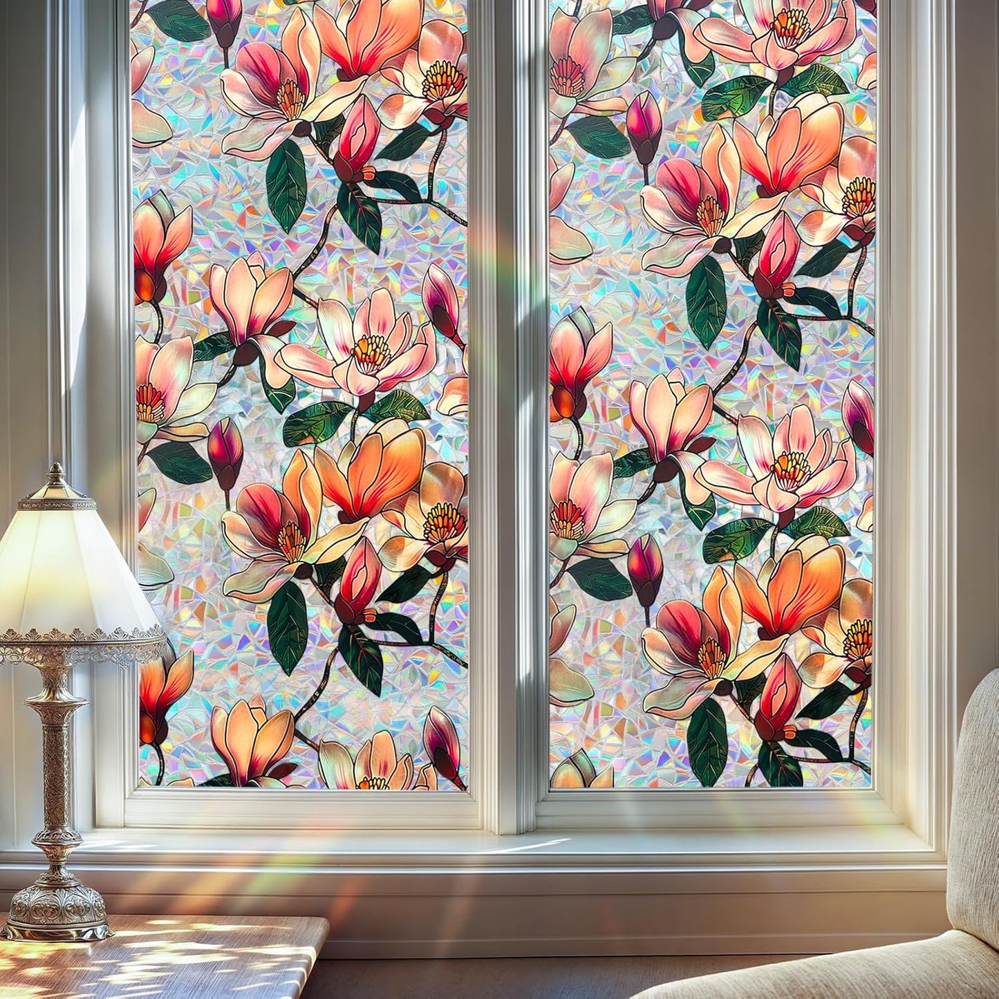 DUOFIRE Window Privacy Film Decorative Stained Glass Window Film Rainbow Magnolia Floral Static Cling Non-Adhesive Reusable Anti UV Colorful Window Decal for Home 16.92×39.37 inch