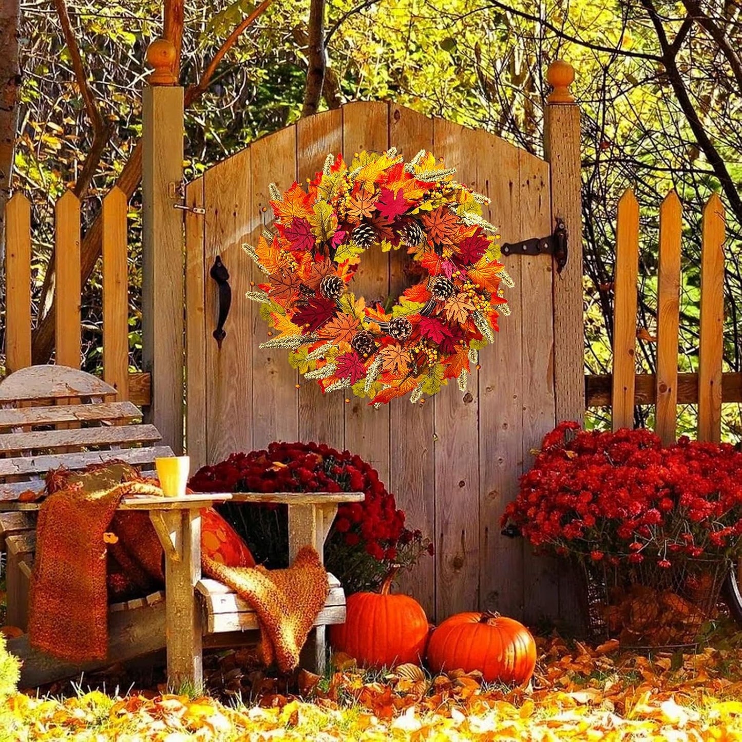 Fall Wreaths for Front Door, 24" Autumn Wreath with Berry Wood Maple Leaves and Pine Cones, Orange Thanksgiving Wreath for Outside Indoor Wall Window Home Festival Decor