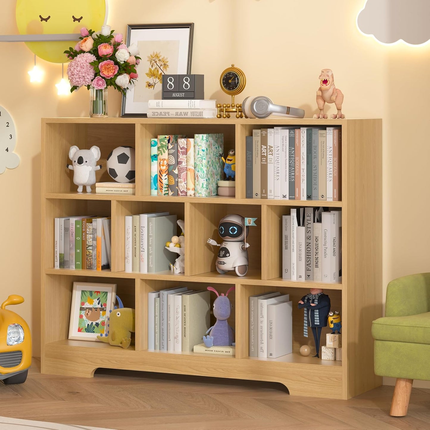 Book Shelf Set of 2, 10 Cubes Storage Organizer, 3-Tier Open Bookshelf Wooden Bookcase, Freestanding Log Bookshelf Cube Shelf for Bedroom, Living Room, Home Office