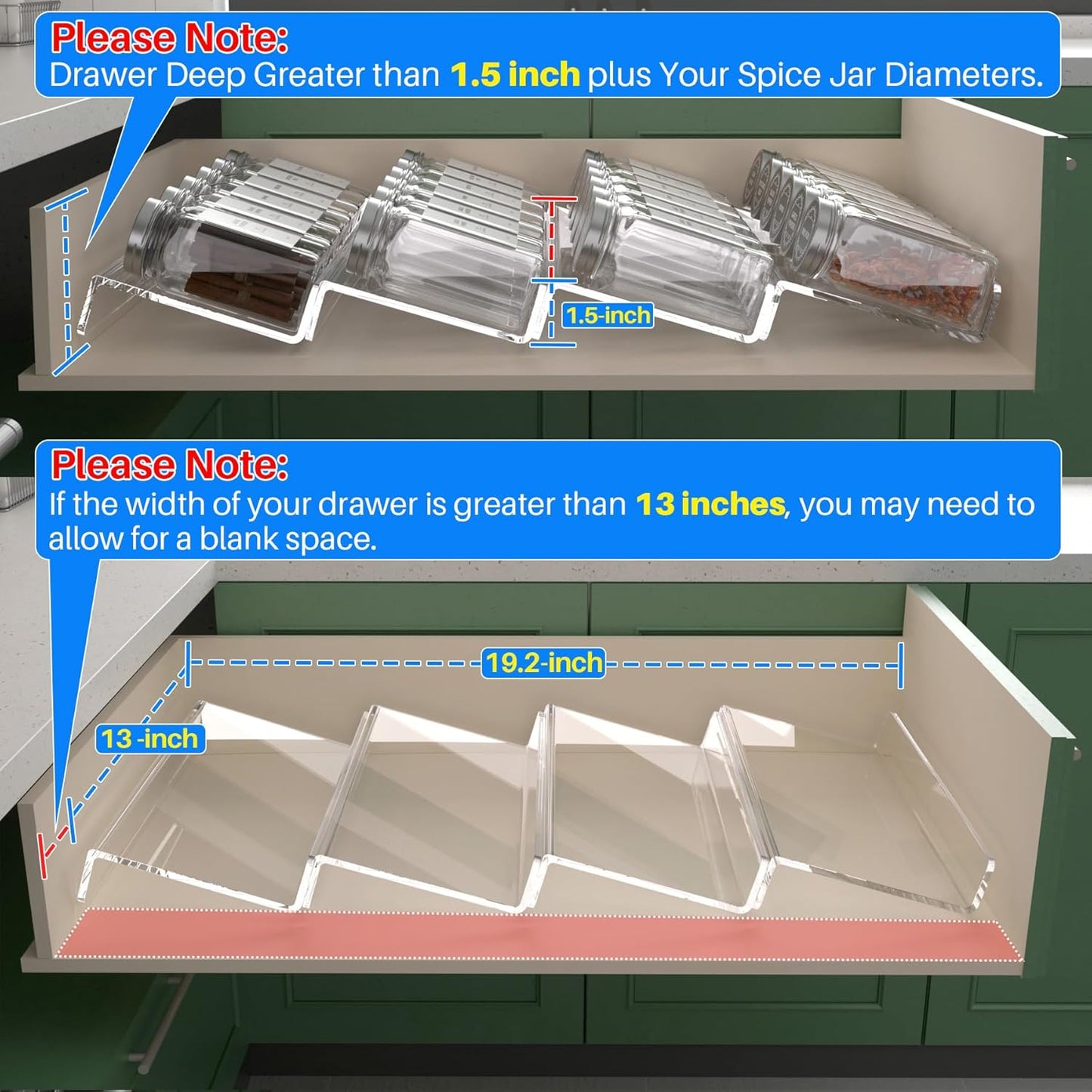 Antimbee Spice Drawer Organizer, 4 Tier- 4 Pack Acrylic Spice Rack Tray for Drawer, Expandable From 13" to 26" Kitchen Spice Rack Tray for Countertop Holds up 28 Spice Jars (Jars not Include)