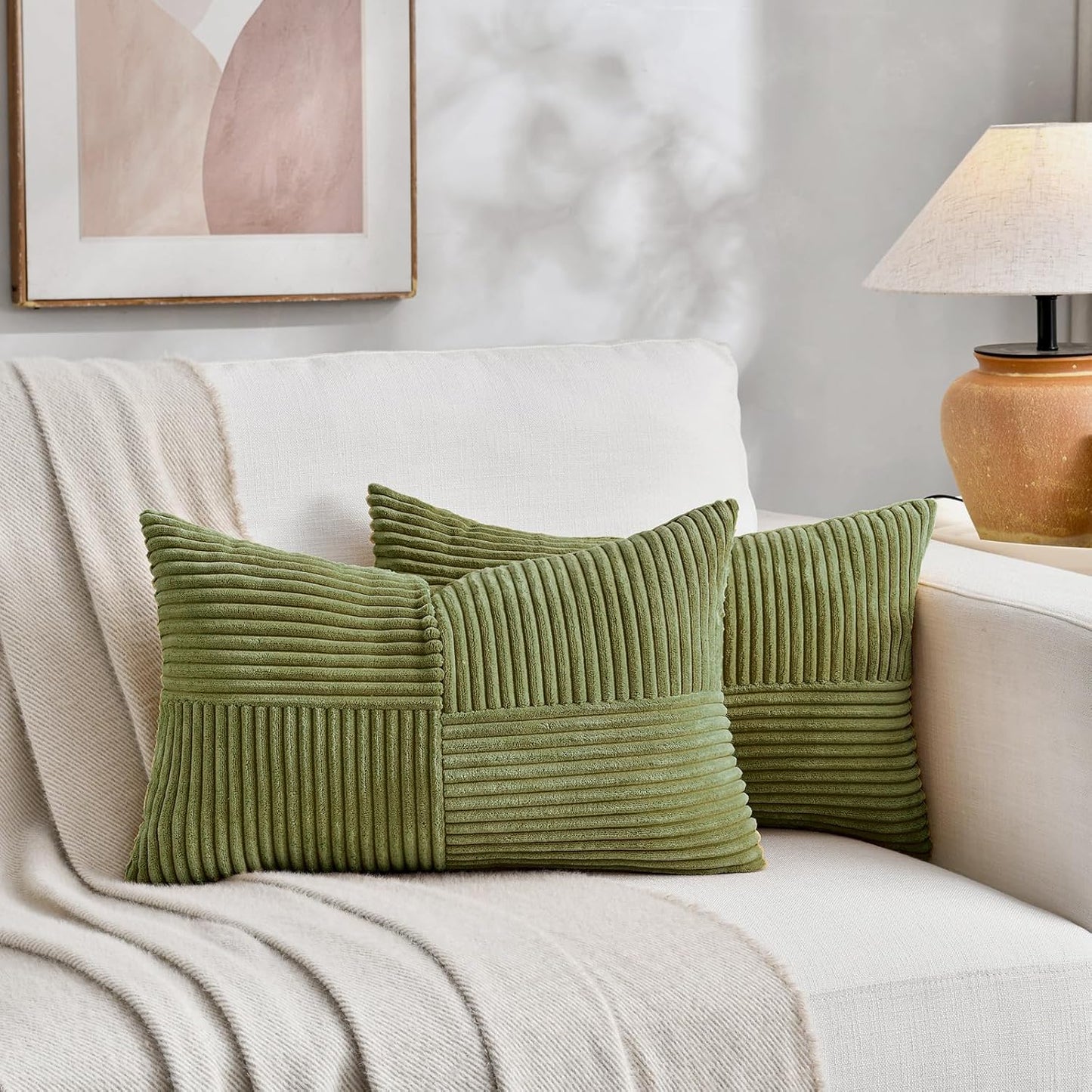 Fancy Homi 2 Packs Moss Green Lumbar Decorative Throw Pillow Covers 12x20 Inch for Living Room Couch Bed, Rustic Farmhouse Boho Home Decor, Soft Striped Corduroy Rectangle Accent Cushion Case 30x50 cm