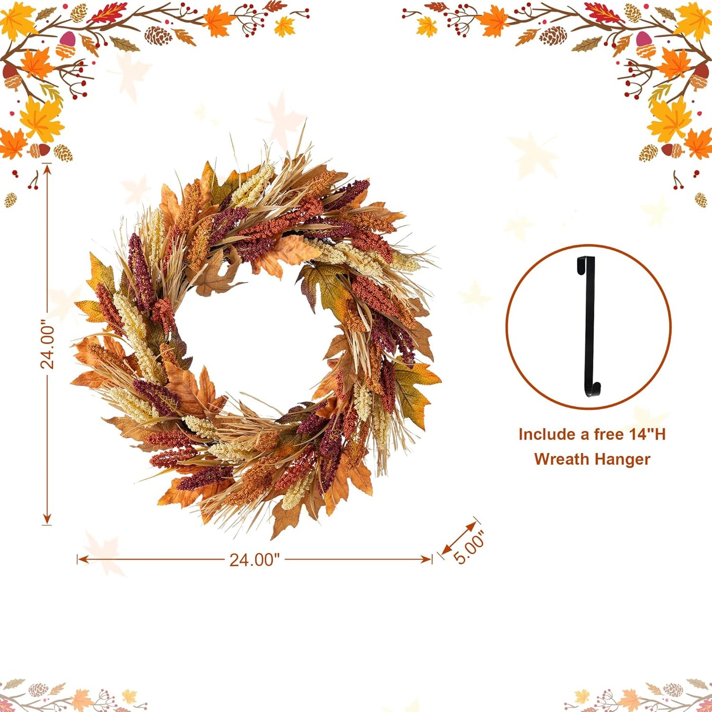 Glitzhome 24" D Fall Sorghum Wreath with Metal Hanger, Harvest Wreath for Front Door, Fall Door Wreaths for Indoor Outdoor Thanksgiving Harvest Holiday Decorations