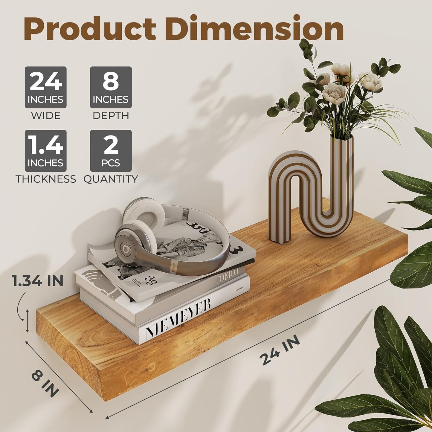 Axeman 24 inch Floating Shelves for Wall - 8'' D Live Edge Rustic Solid Elm Wood Floating Shelves Wall Mounted, Wall Shelves with Invisible Bracket for Living Room Bedroom Kitchen, Set of 2 Natural