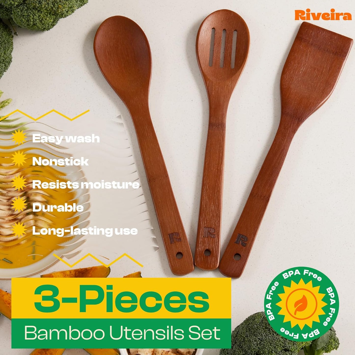 Riveira Premium Brown Bamboo Wooden Spoons for Cooking Set of 3 – Premium Brown Bamboo Wooden Cooking Utensils, Wooden Spatula, Wooden Spoon - Premium Quality Wooden Utensil Set for Non-Toxic Cooking