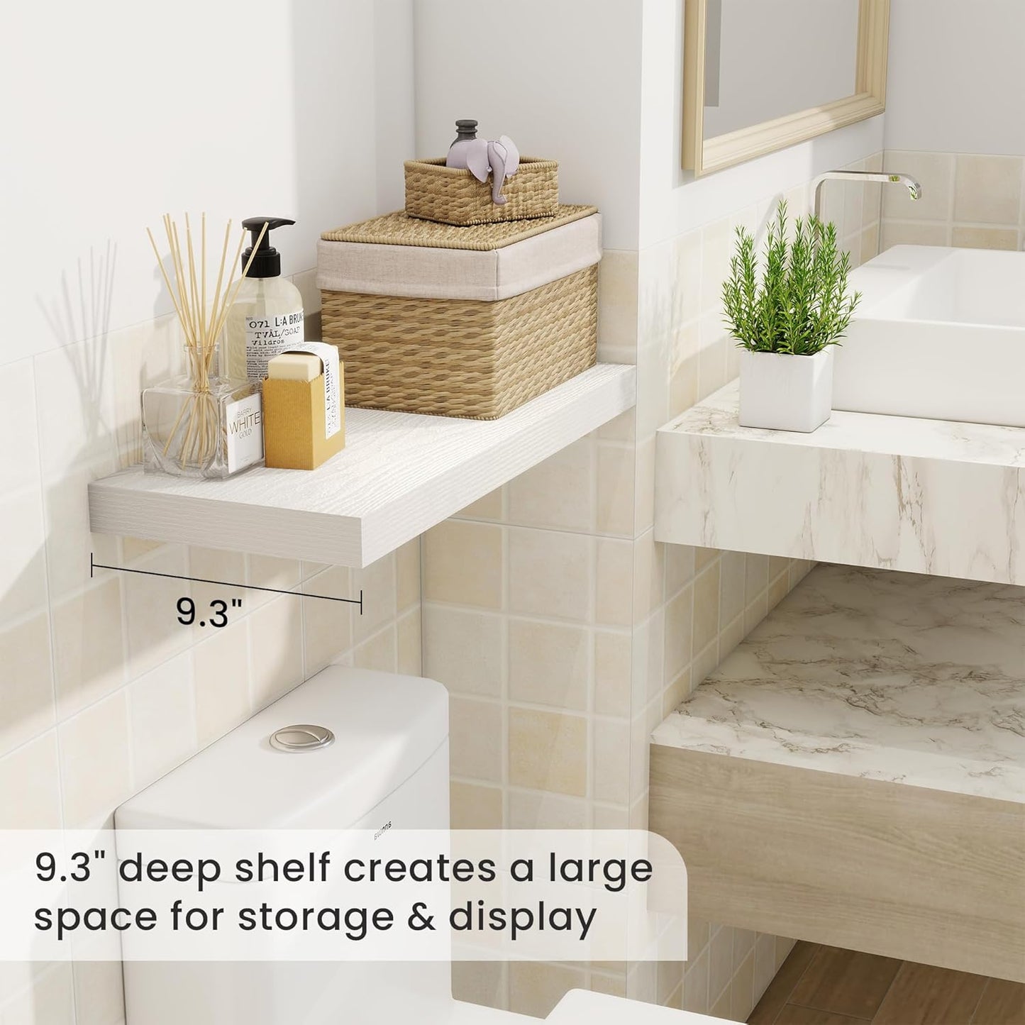 Fun Memories 24 Inch Floating Shelves for Wall, 9 Inch Deep White Rustic Wood Wall Mounted Shelves for Bathroom, Kitchen, Living Room, Set of 2