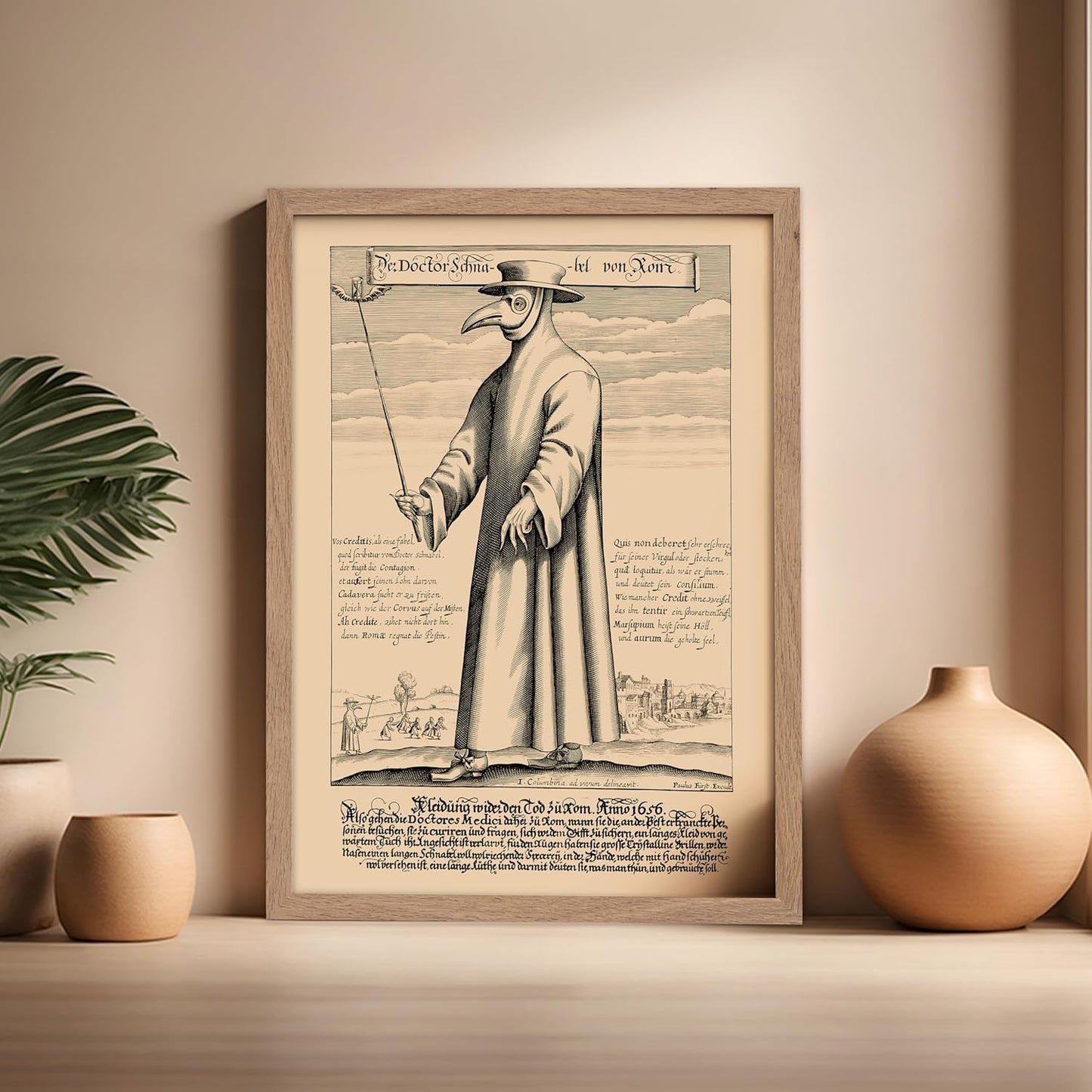 Poster Master Vintage Medieval Poster - Retro Illustration Print - Gift for Friend - Plague Doctor, Pandemic Mask, Physician, Black Death - Wall Decor for Home, Living Room, 16x20 Beige Framed