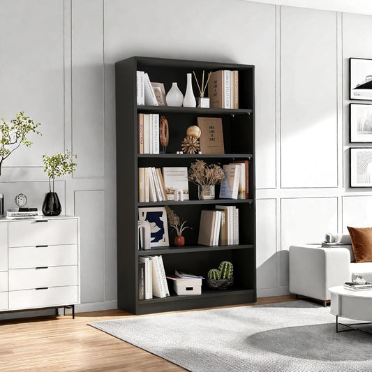 Bookshelf, Open Modern Bookshelf, 5 Shelf Bookcase with Freestanding Display Storage, Wooden Book Shelf for Bedroom, Living Room, Dinning Room, Office, 60 Inch, Black