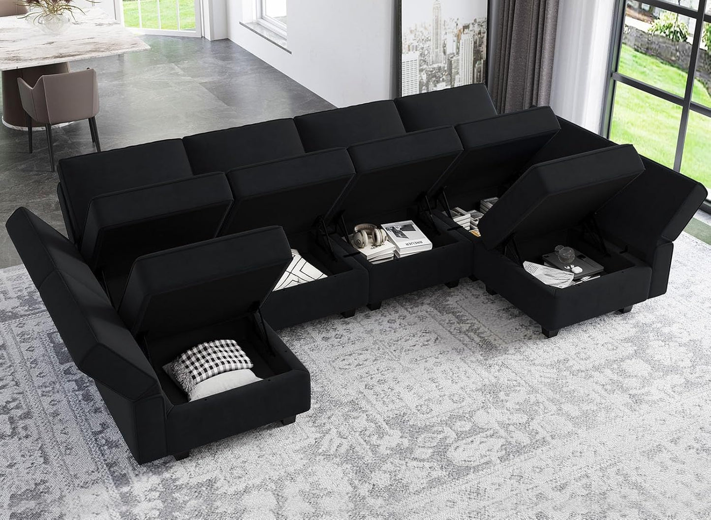Belffin Modular Reversible Sectional Sofa U Shaped Couch with Storage Seat with Chaise Velvet Black