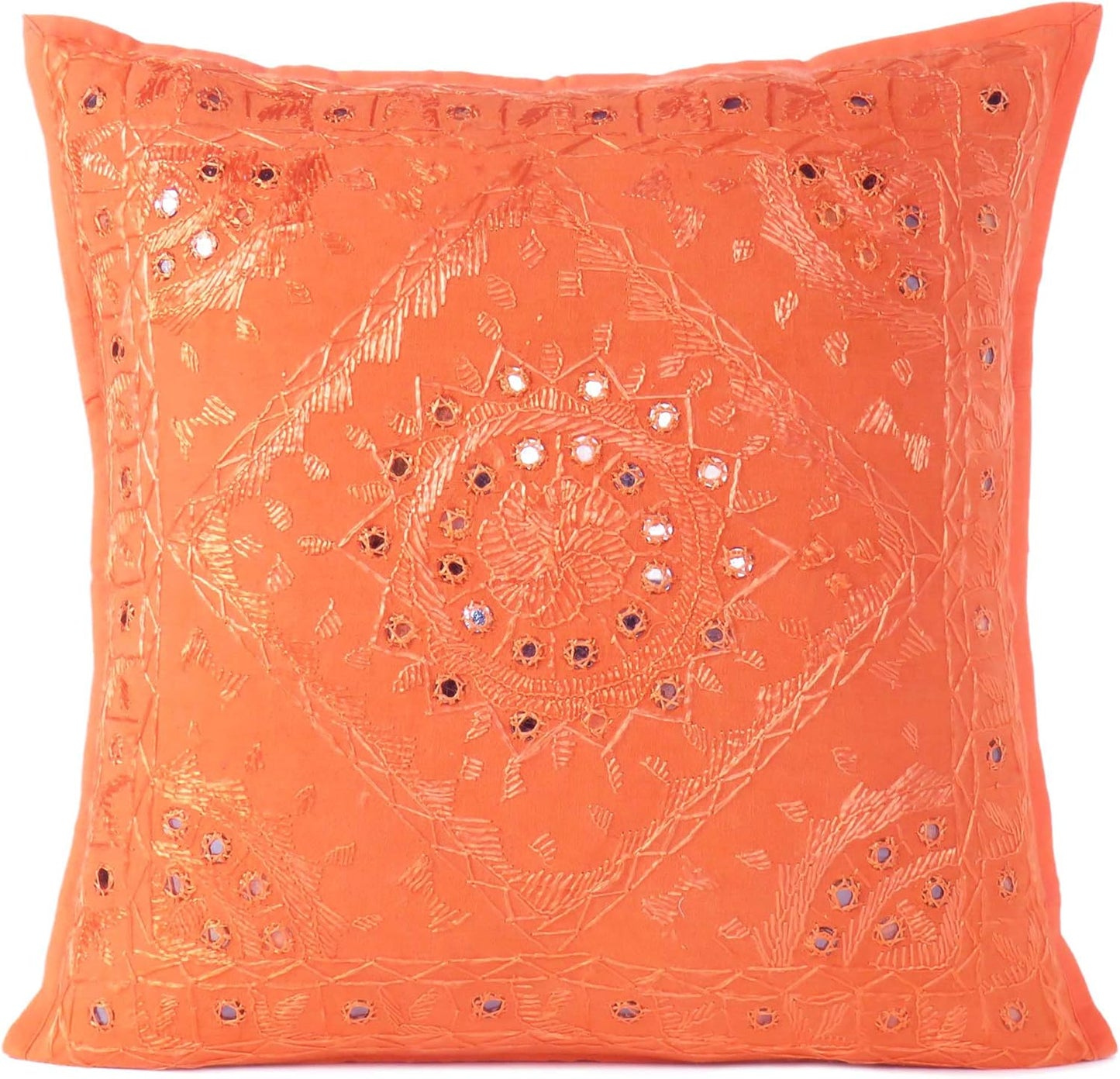 Eyes of India Embroidered Decorative Boho Throw Pillow Cover with Mirrors, Handmade Bohemian Accent Cushion Case for Sofa Couch Bedroom Living Room (Orange, 16" x 16")
