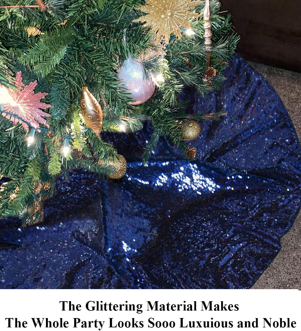 Partisout 48in Navy Blue Sequin Tree Skirt Glitter Colorful Christmas Skirts for Halloween Holiday Celebration Supplies