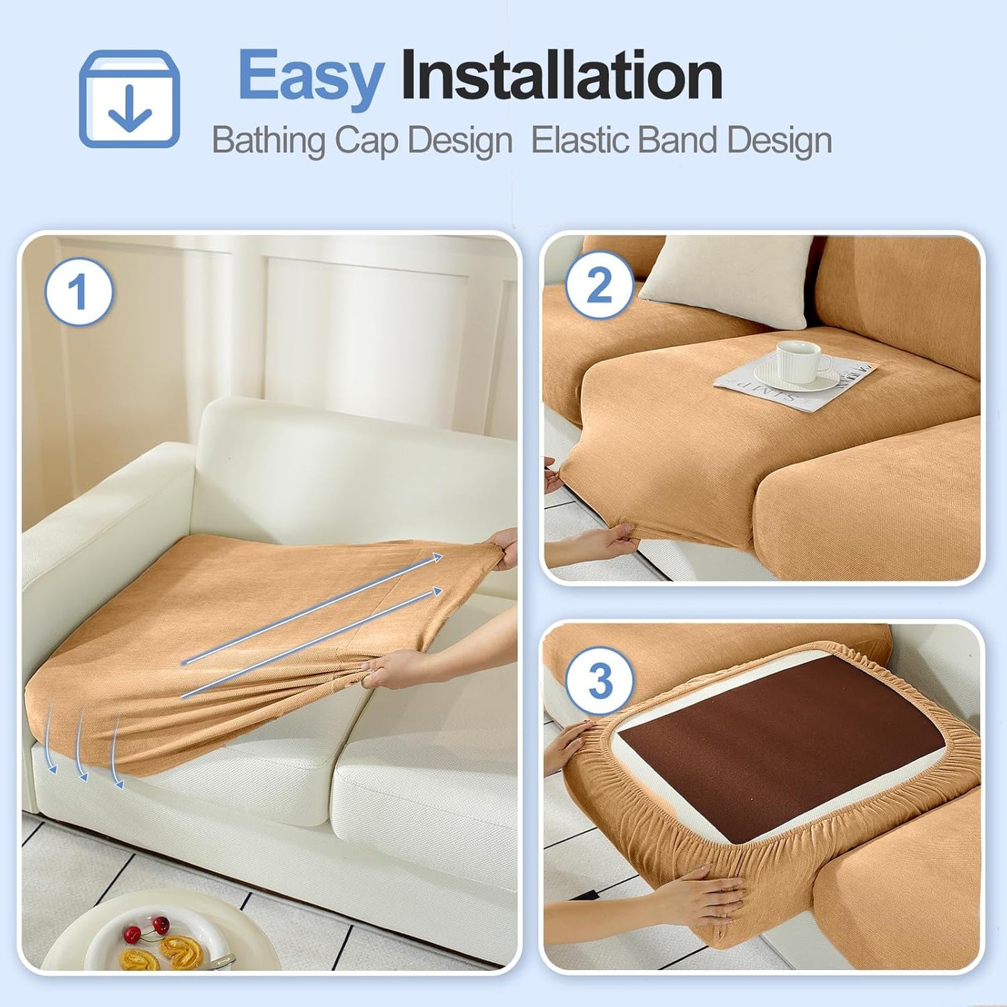 Couch Cushion Covers Individual Large Super Stretch Chenille (Softer Version) Sofa Cushion Covers, Armrest Cover Couch Slipcovers Furniture Protector (2PC, Khaki)