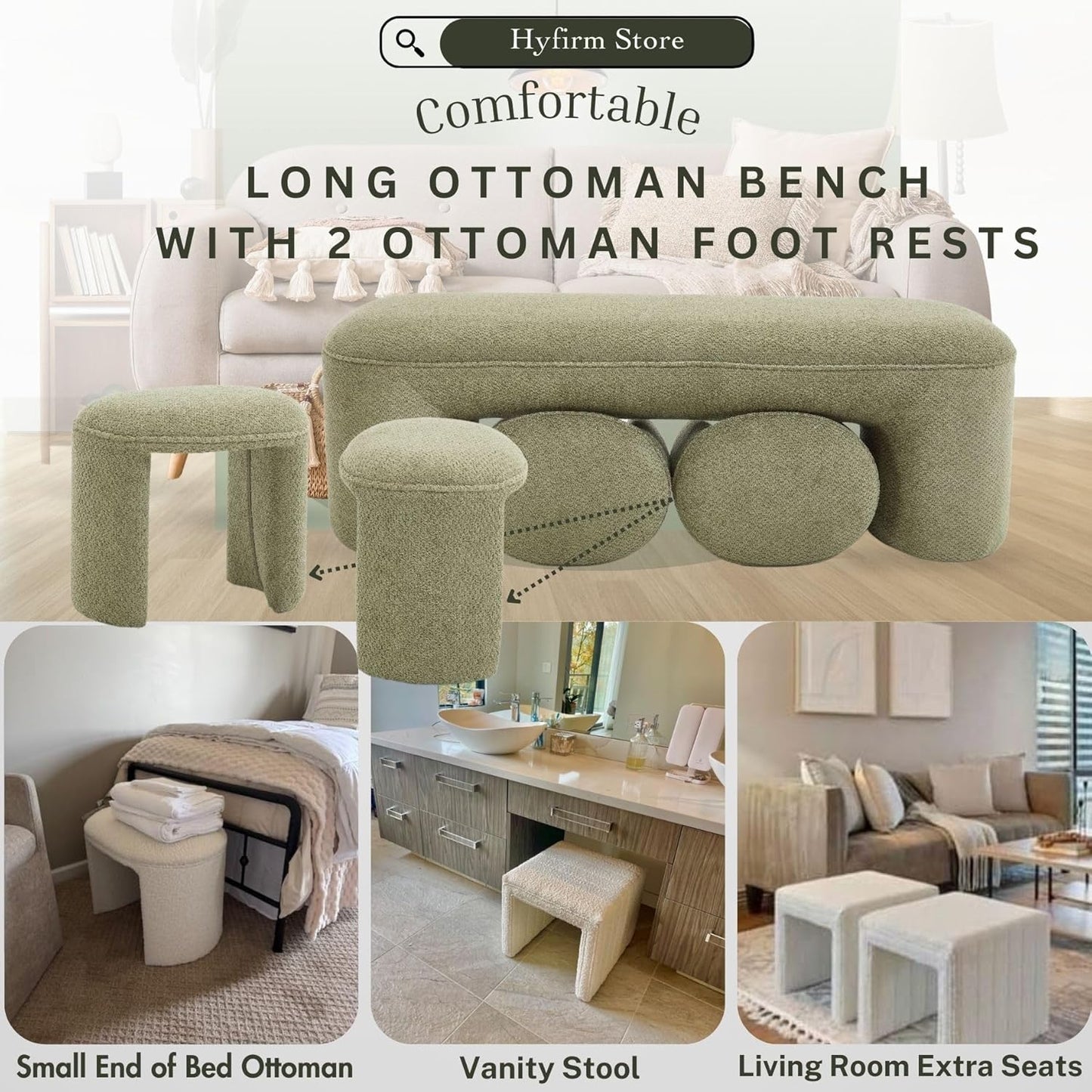 3-Piece 53" Comfy Upholstered Dining Bench with 2 Ottomans, Accent Waterfall Bench Modern End of Bed Entryway Bench Vanity Stool, Green Chenille