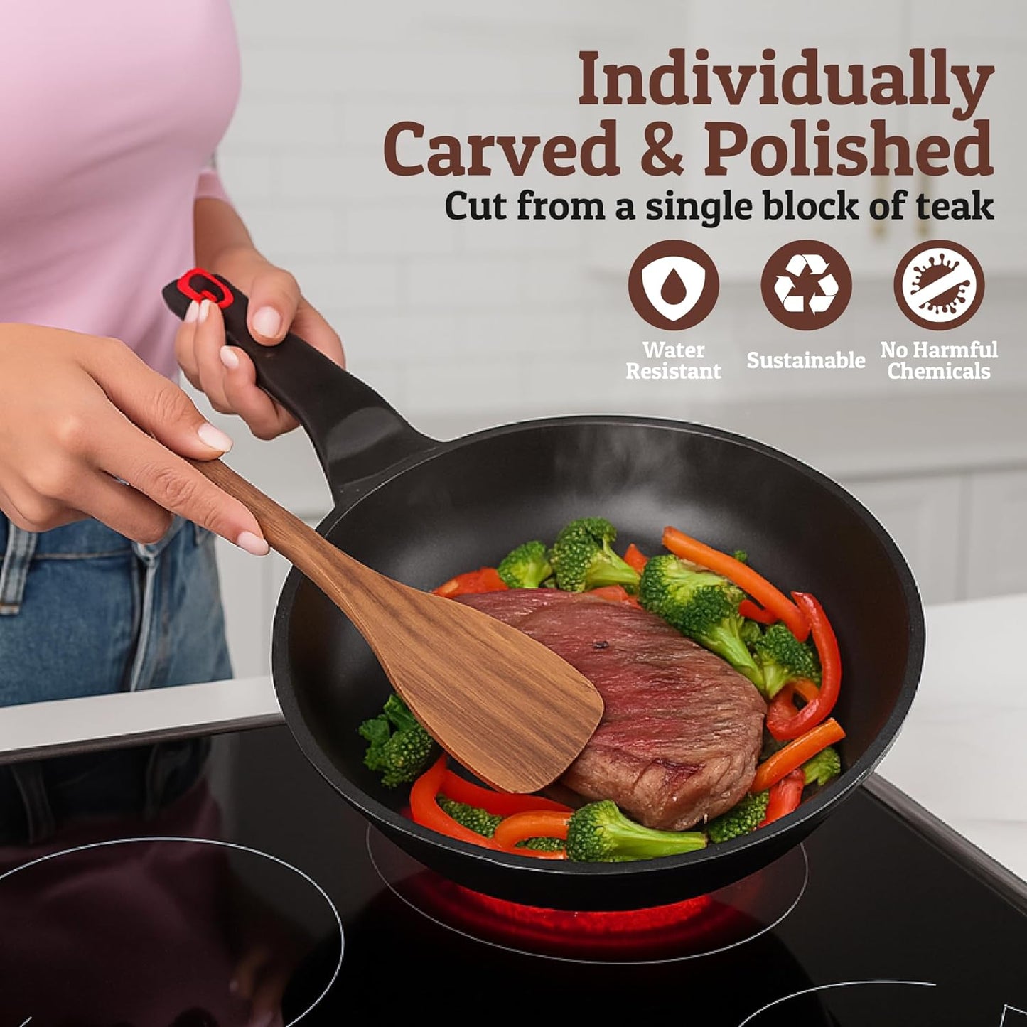 PriorityChef Premium Wooden Spoons for Cooking - 10pc with Spoon Rest and Hanging Hooks, Smooth Finish Teak Wooden Utensil Set, Heat-Resistant & Nonstick Safe, Ideal for Gifting