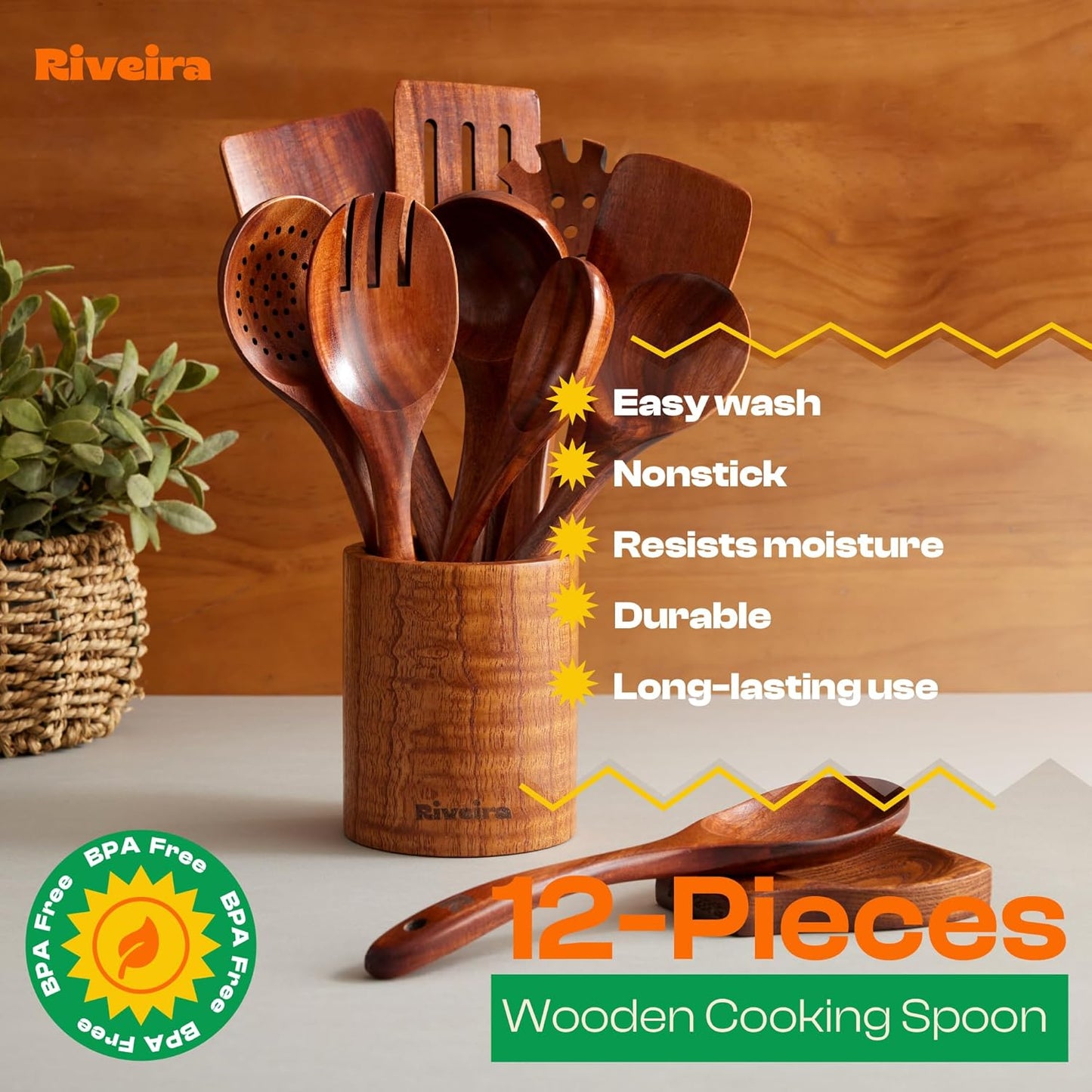 Riveira Dark Teak Kitchen Utensils Set - 12-Piece Non-Toxic Cooking Utensils Set - Wooden Spoons for Cooking - Spatula for Cooking - Teak Wooden Utensils