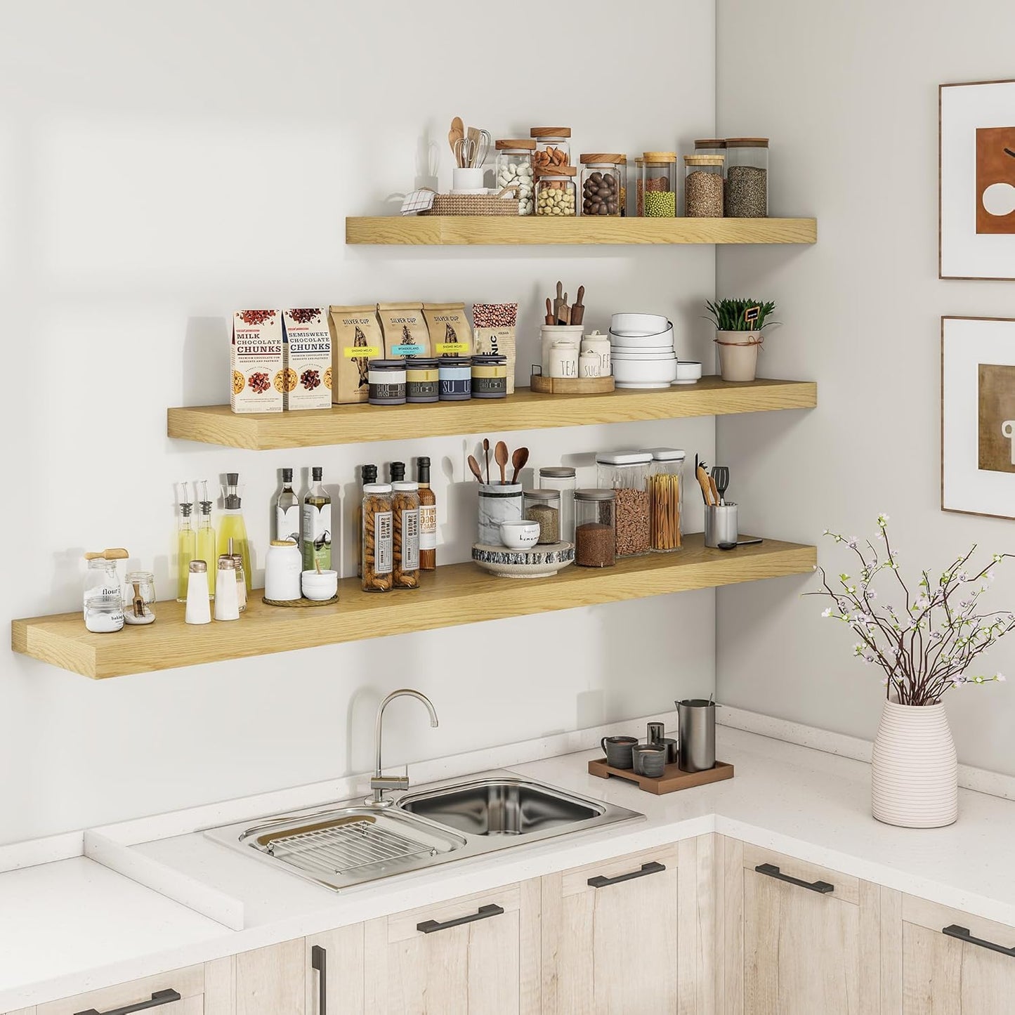 RICHFOCUS 40Inch Floating Shelves for Wall 2 Pack Shelves for Bedroom|Kitchen|Bathroom Wall Mounted Rustic Wood Floating Shelf with Invisible Brackets for Books|Storage|Decor, Oak