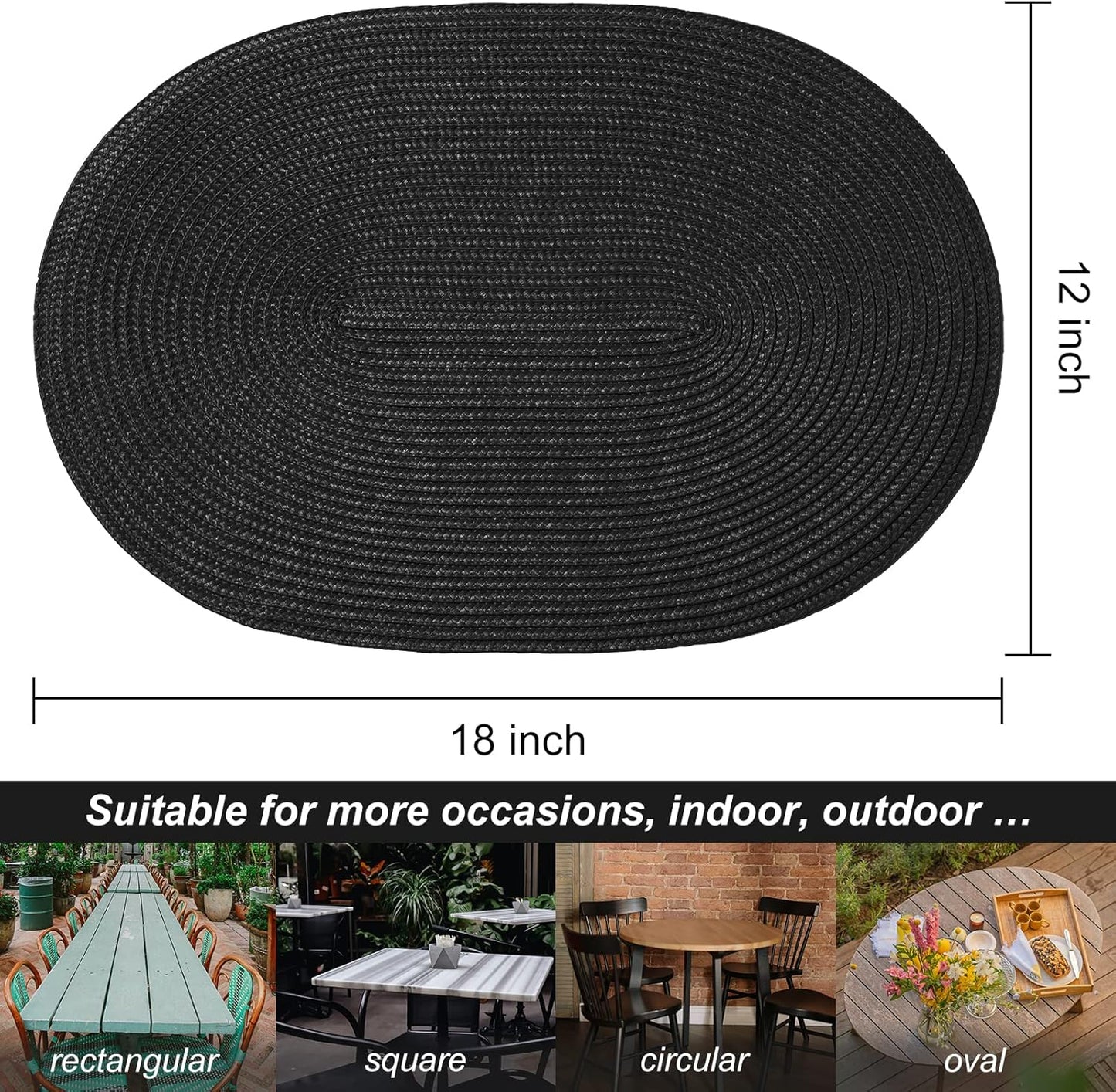 AHHFSMEI Placemats Set of 4 for Dining Table Washable Woven Vinyl Non-Slip 18x12 inches Placemat Heat-Resistant Durable Table Mats for Dining Table Easy to Clean (Oval Black, 4)