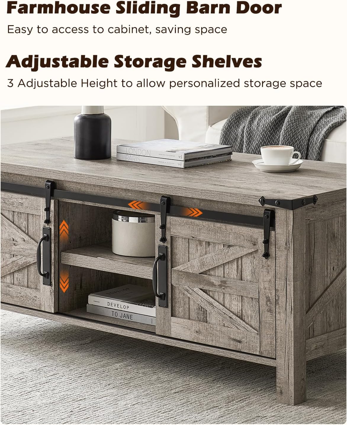 OKD 48" Farmhouse Lift Top Coffee Table with Sliding Barn Door, Rustic Center Table w/Hidden Storage Compartment, Lift Tabletop Dining Table w/Adjustable Shelf for Living Room,Light Rustic Oak