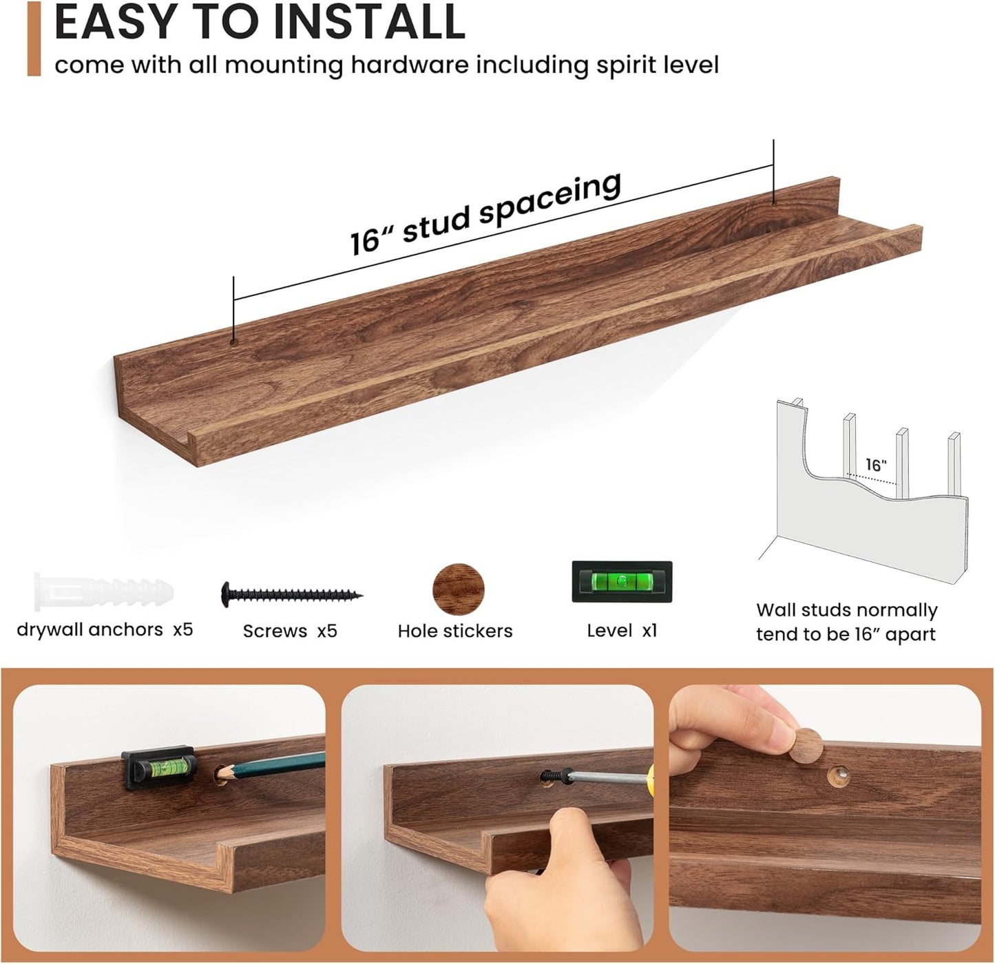 Fun Memories Picture Ledge Shelves Set of 2, 24 Inch Rustic Wall Mounted Floating Shelves with Lip for Home Storage and Décor in Bathroom, Kitchen, Nursery, Bedroom, Living Room, Walnut