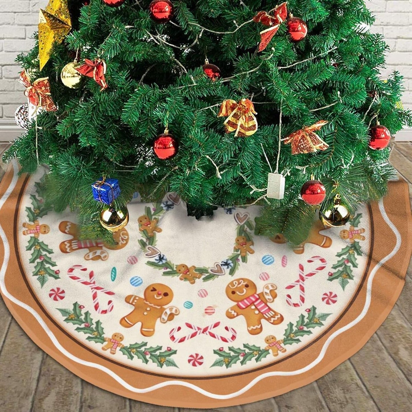 Christmas Tree Skirt,Gingerbread Xmas Tree Skirt Rustic Farmhouse Tree Skirt for Christmas Decor Xmas Holiday Home Party Decorations48