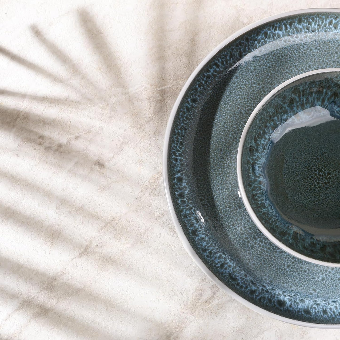 CQN&ZXD Ceramic Plates and Bowls Sets, 12 Pieces, Hand-Crafted Dishes set for 4 with Flowing Reactive-Glaze, Microwave & Dishwasher Safe Dinnerware Sets, Modern Style, Elegant Grey & Wave Blue