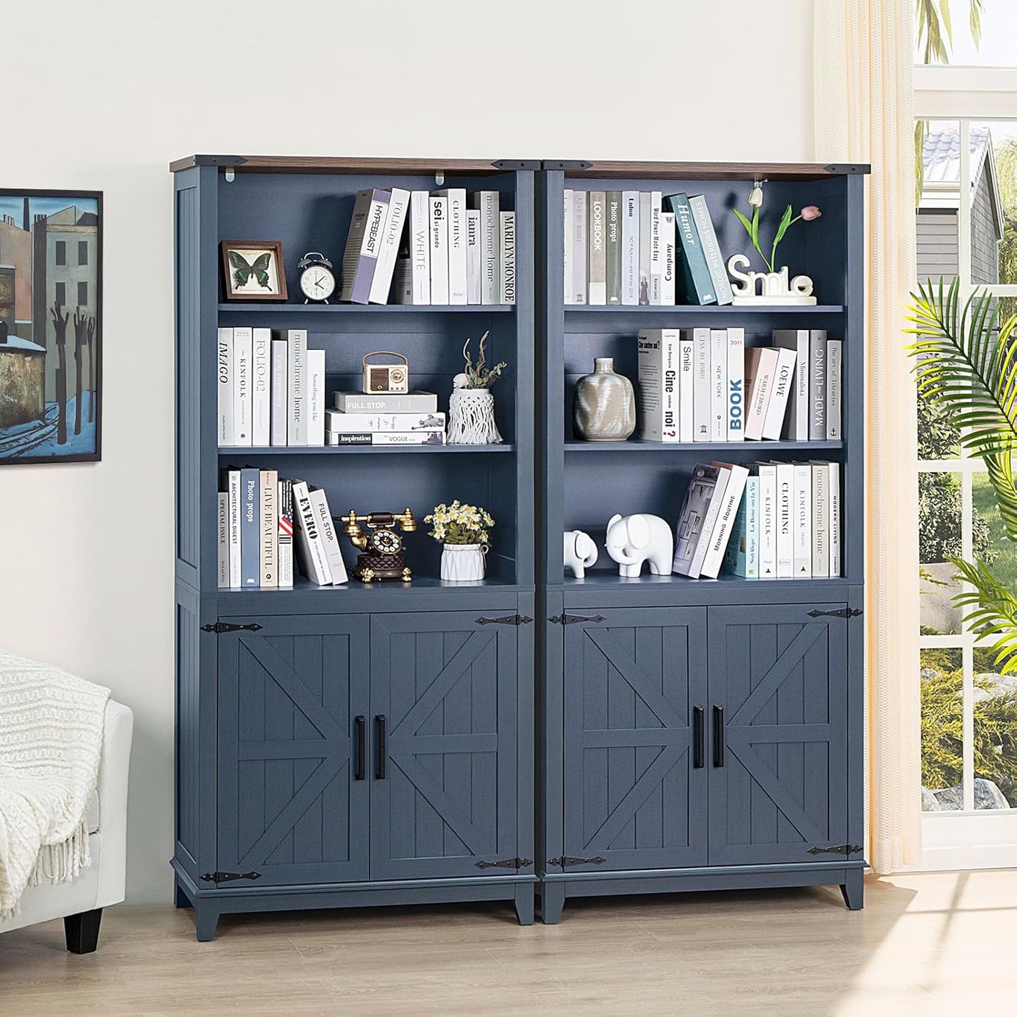 5 Tier Bookshelf 70in Tall Bookcase with Barn Doors and Storage Cabinet, Blue Farmhouse Book Shelf with Adjustable Shelves, Wood Freestanding Display Bookshelves for Bedroom, Kitchen (3PCS)