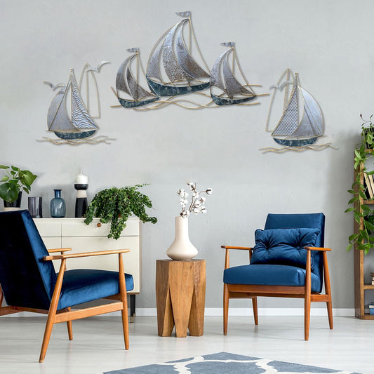 AIYIOUWE Metal Sailboat Wall Art, 3D Nautical Ship Large Metal Wall Art Decor, Coastal Boat Wall Hanging Sculptures Beach Artwork for Living Room Outdoor Bedroom