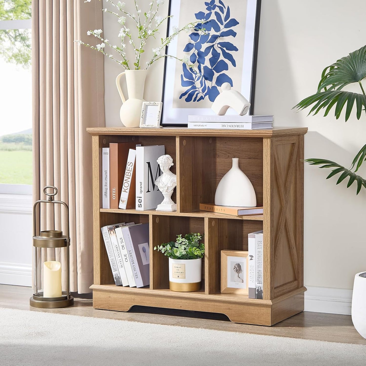 Farmhouse 5 Cube Bookshelf, Storage Organizer Bookcase, Kids Toy Storage Cabinet, Small Bookshelves Storage Organizer Shelf, Wood Display Cabinet Book Shelves for Bedroom,Living Room,Natural Oak