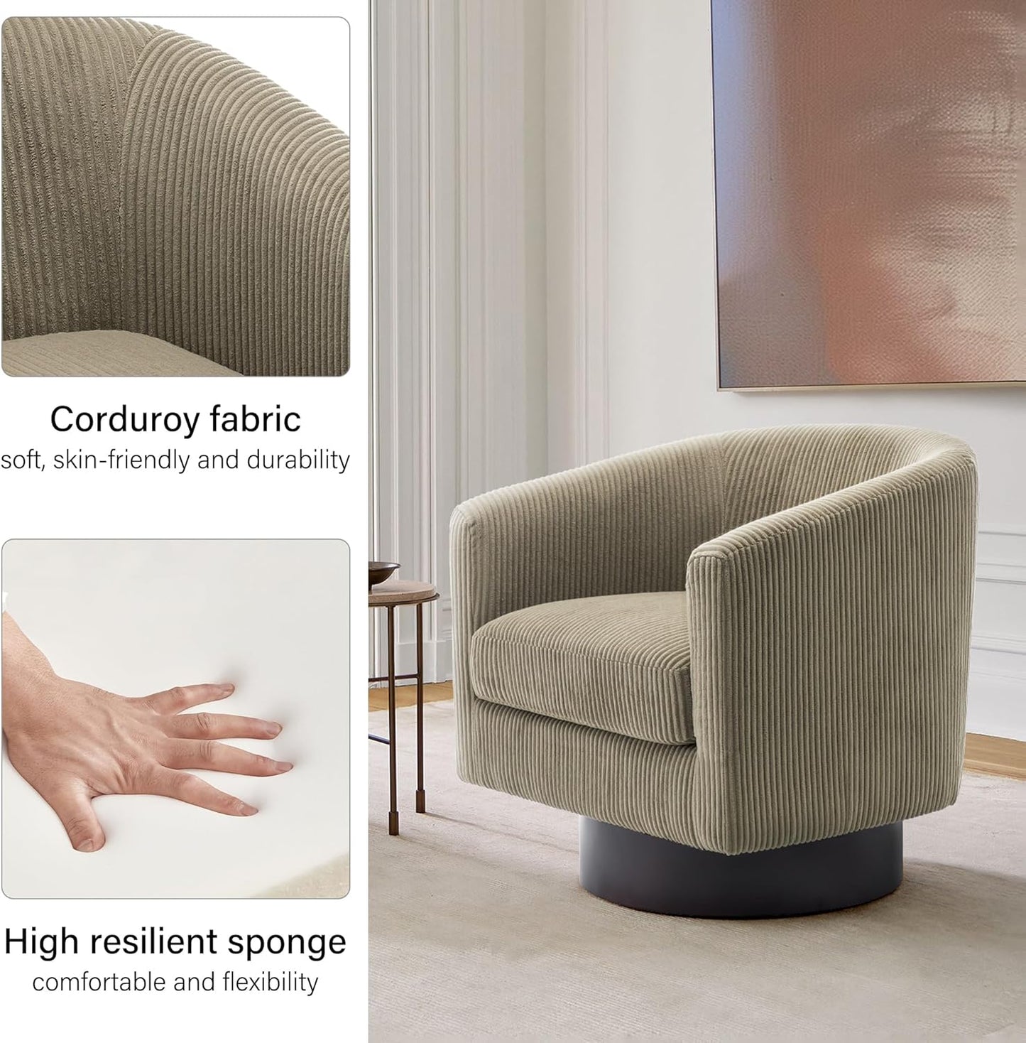 Swivel Barrel Accent Chair, Modern Round Corduroy Fabric Arm Chair for Living Room, Bedroom, Comfy Club Reading Chairs for Adults (Corduroy Camel, Set of 4)