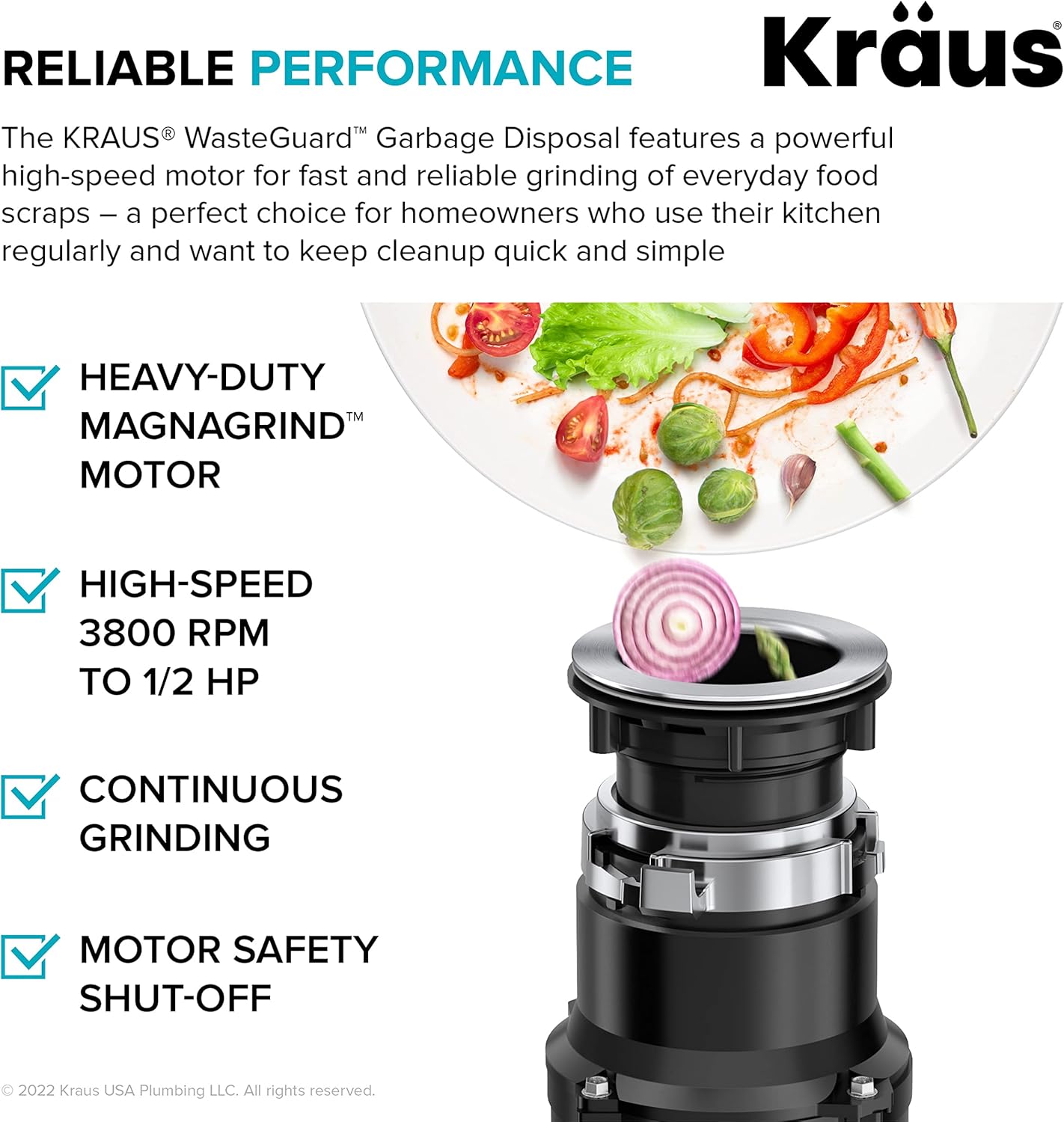 KRAUS WasteGuard 1/2 HP Continuous Feed Ultra-Quiet Motor Garbage Disposal with Quick Connect Mount, Power Cord and Flange Included, KWD110-50MBL