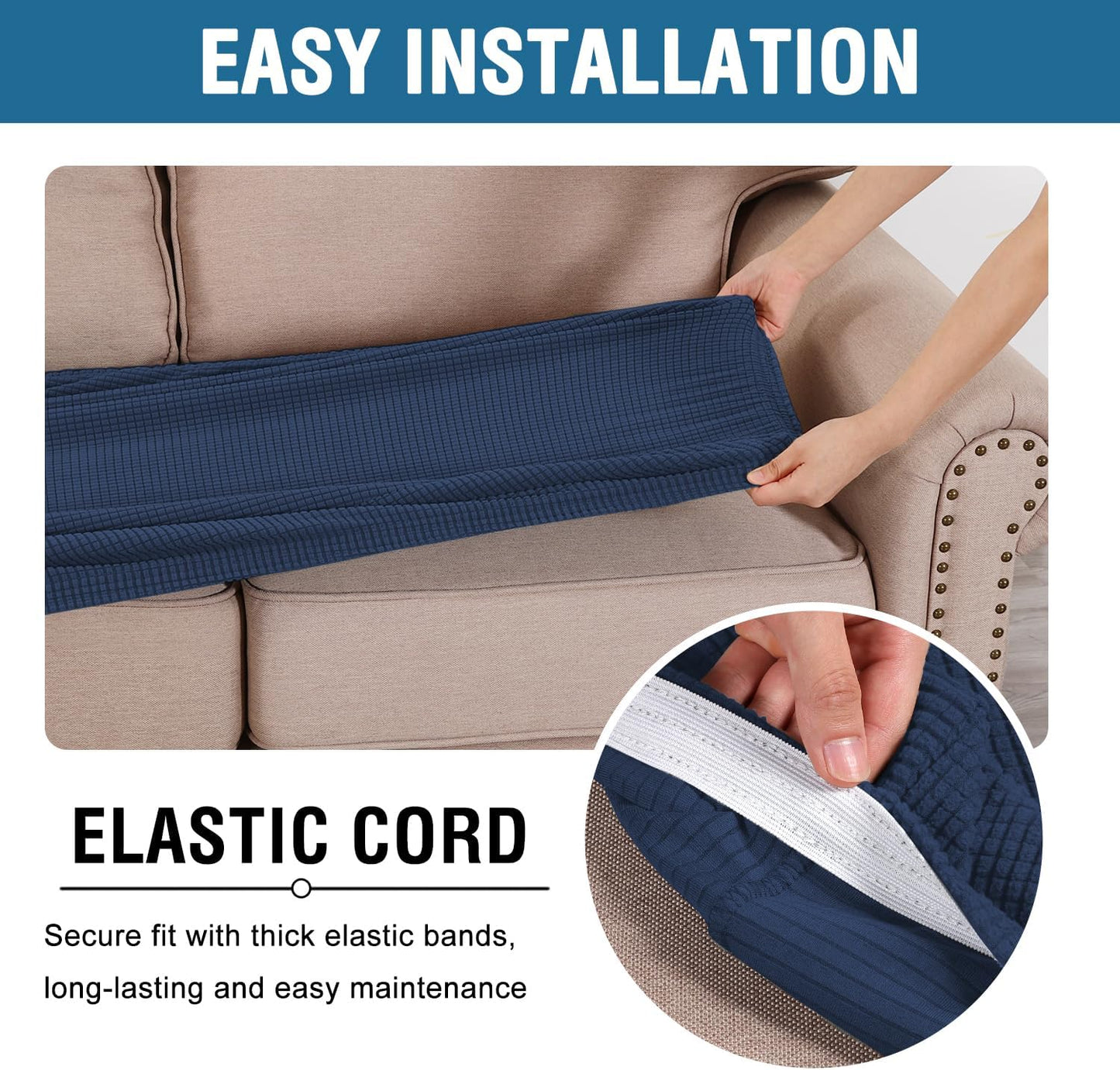 H.VERSAILTEX Super Stretch Individual Seat Cushion Covers Sofa Covers Couch Cushion Covers Slipcover Sets Thick Jacquard Textured Twill Fabric (1 Piece Chair Cushion Cover, Navy)