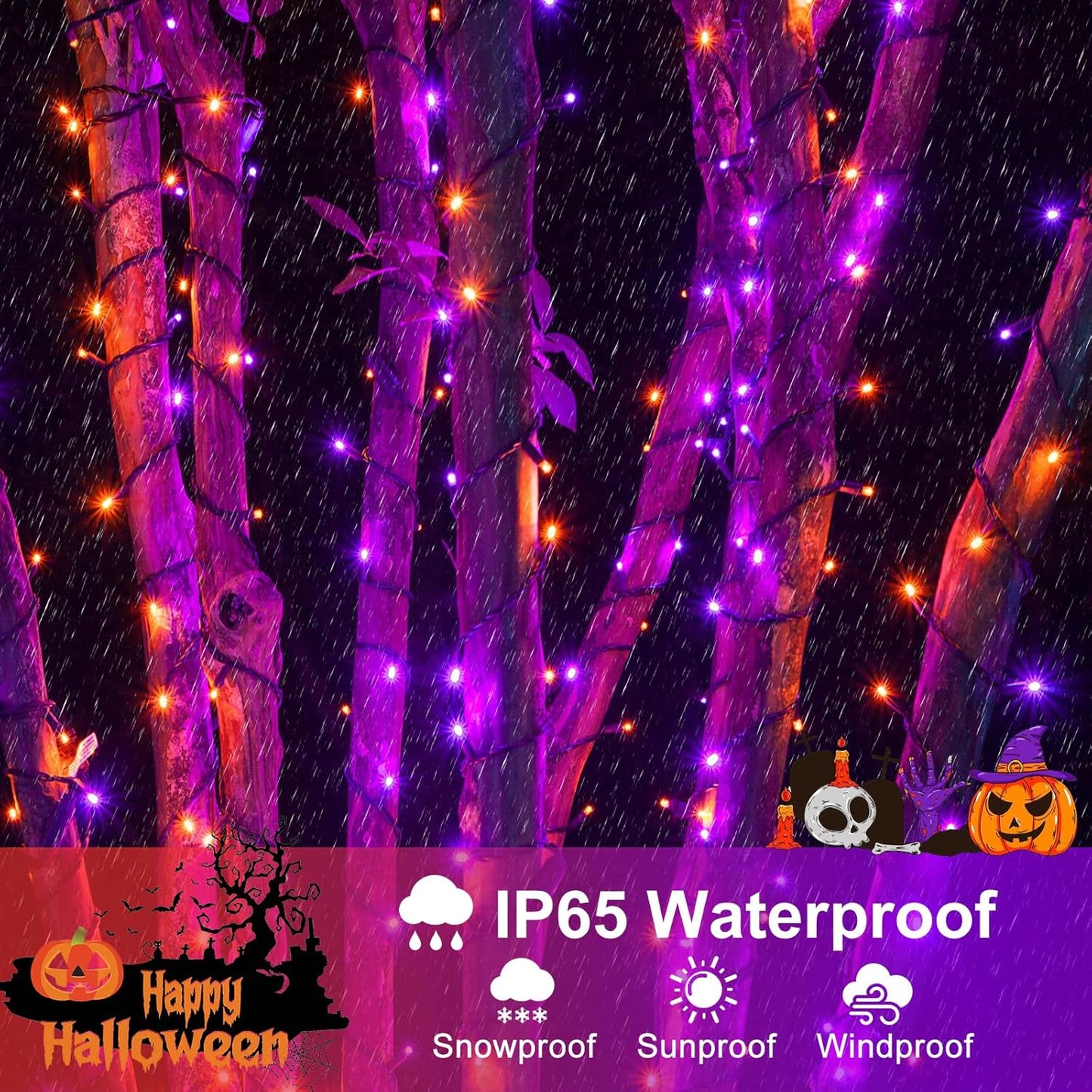 Purple Orange Halloween Lights Outdoor, 66FT 200 LED String Lights for Outside with 8 Modes Waterproof, Plug in Twinkle Tree Light Green Wire for Indoor Bedroom Garden Patio Party Decorations