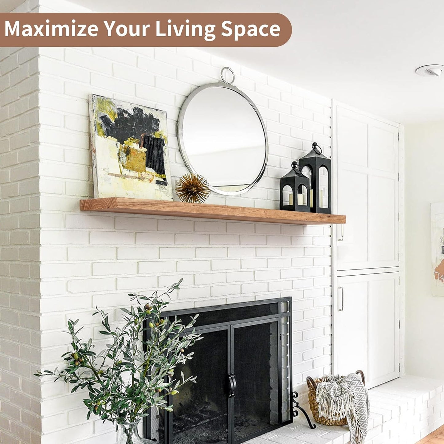 Axeman Rustic Elm Wood Floating Shelves for Wall, 48'' x 8" Deep Wall Shelf with Invisible Bracket, Large Long Wall Mounted Storage Shelves for Living Room, Bedroom, Kitchen, Bathroom Decor, Natural