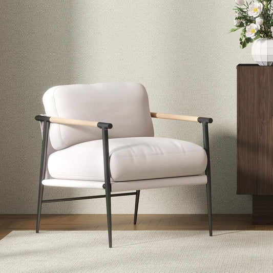 Mid-Century Accent Chair, Soft Armchair Chenille Fabric Lounge Chair with Black Metal Legs, Upholstered Leisure Chair for Living Room Bedroom Reception Room, 1PC, Beige