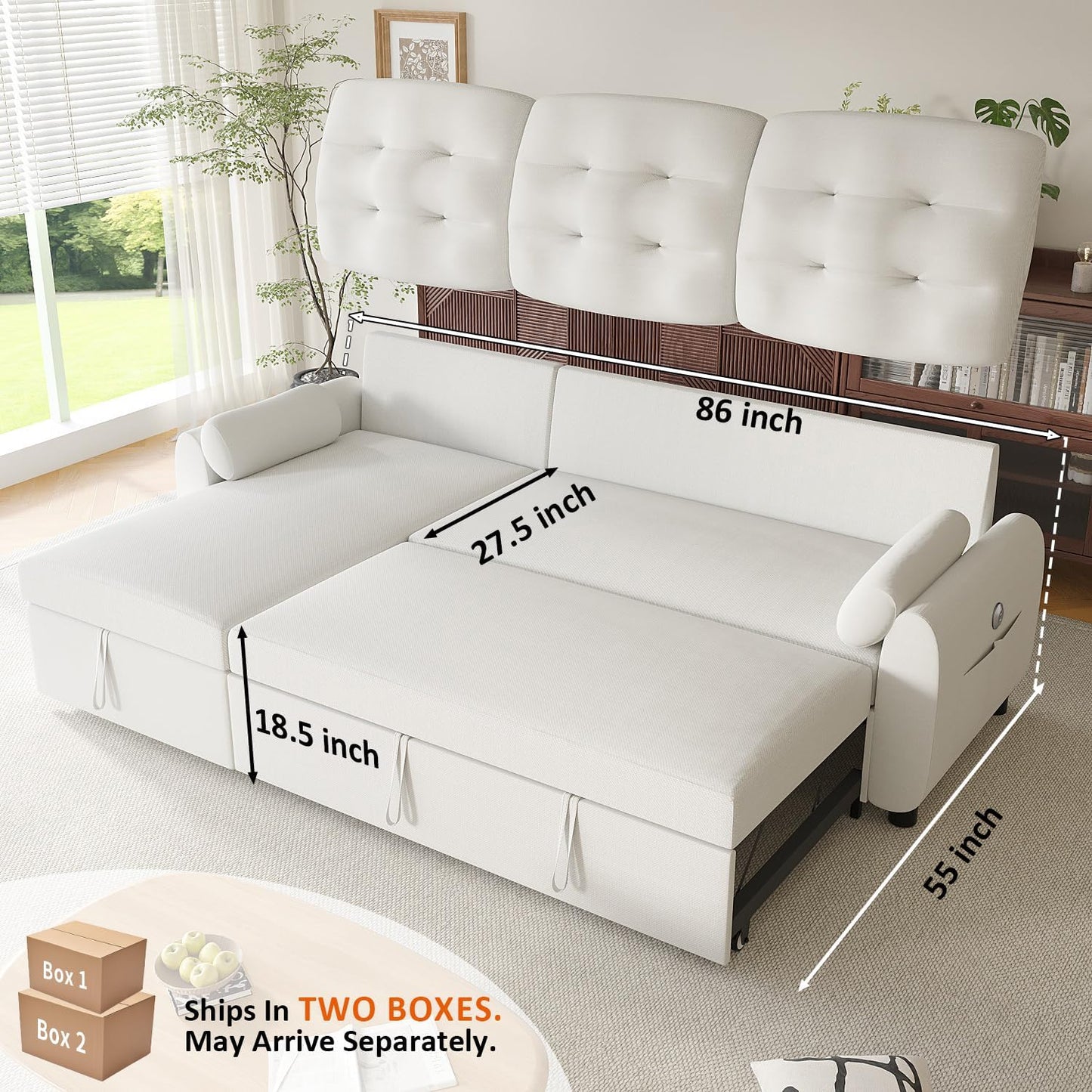 Ucloveria Sleeper Sofa Bed, 86" Convertible Sectional Sofa Couches for Living Room, 4 in 1 Pull Out Couch Bed with Reversible Storage Chaise | USB Ports | Side Pockets | Removable Backrest