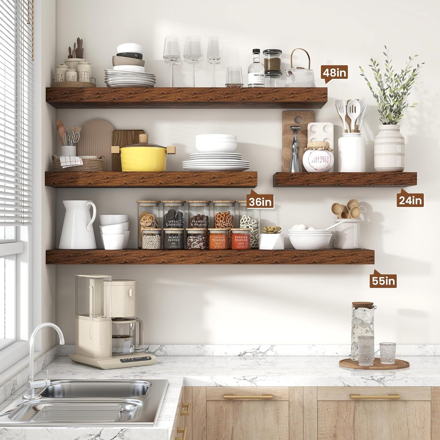 Heimlove 55 Inch Floating Shelves for Wall,10 Deep Large Rustic Brown Wall Shelf with Heavy Duty Brackets,Wall Mounted Storage & Display Shelves for Bedroom,Living Room,Kitchen,Office