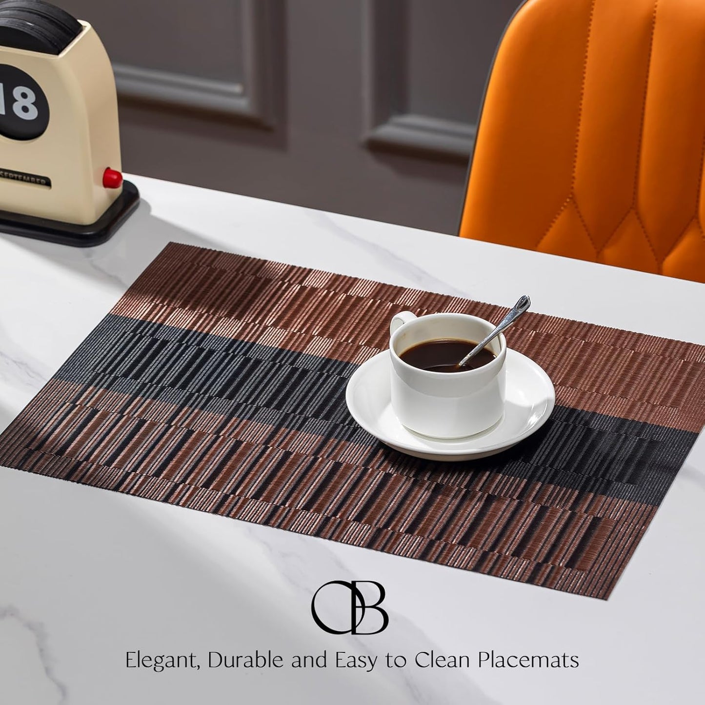 Placemats Set of 6 - Easy Clean Woven Vinyl Placemats for Dining Table, Indoor/Outdoor Place Mats, Washable PVC Table Mats （Ombre Brown Black）
