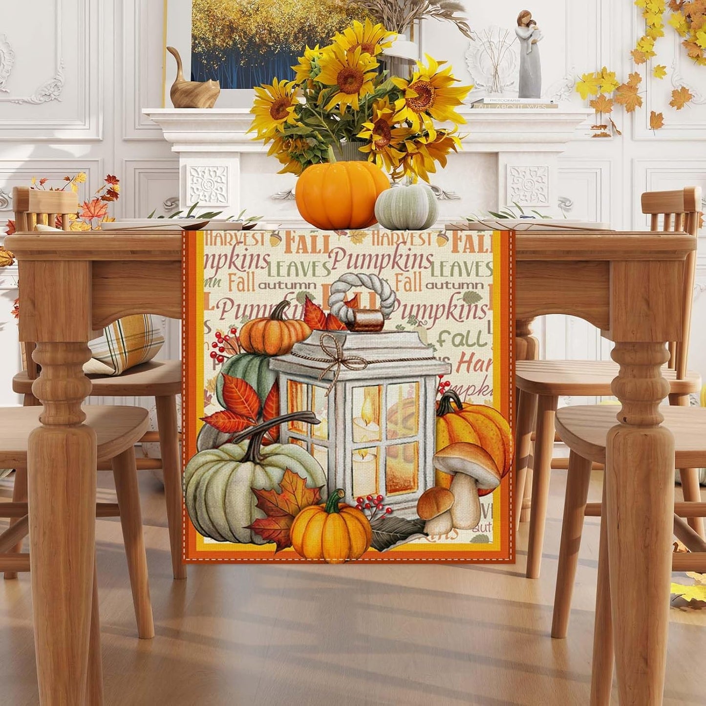 Linen Fall Table Runner - 90 Inch Farmhouse Fall Leaves Pumpkin Decor for Autumn Thanksgiving Home Kitchen Dining Room