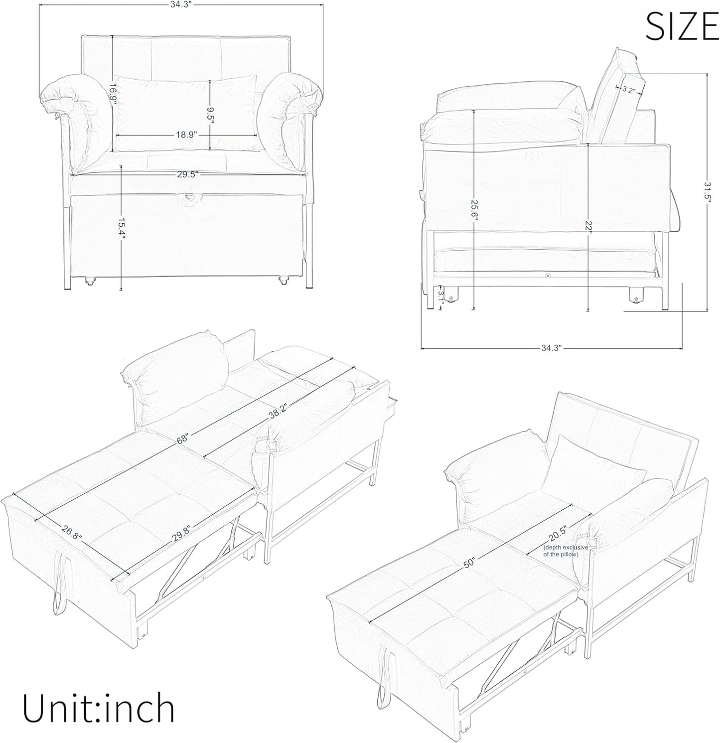 Pull Out Sofa Bed, Convertible Sleeper Chair Bed with Lumbar Pillow, 3-in-1 Sofa Chair with 3 Adjustable Backrest, Armchair Sleeper Small Couch for Small Spaces Living Room Black