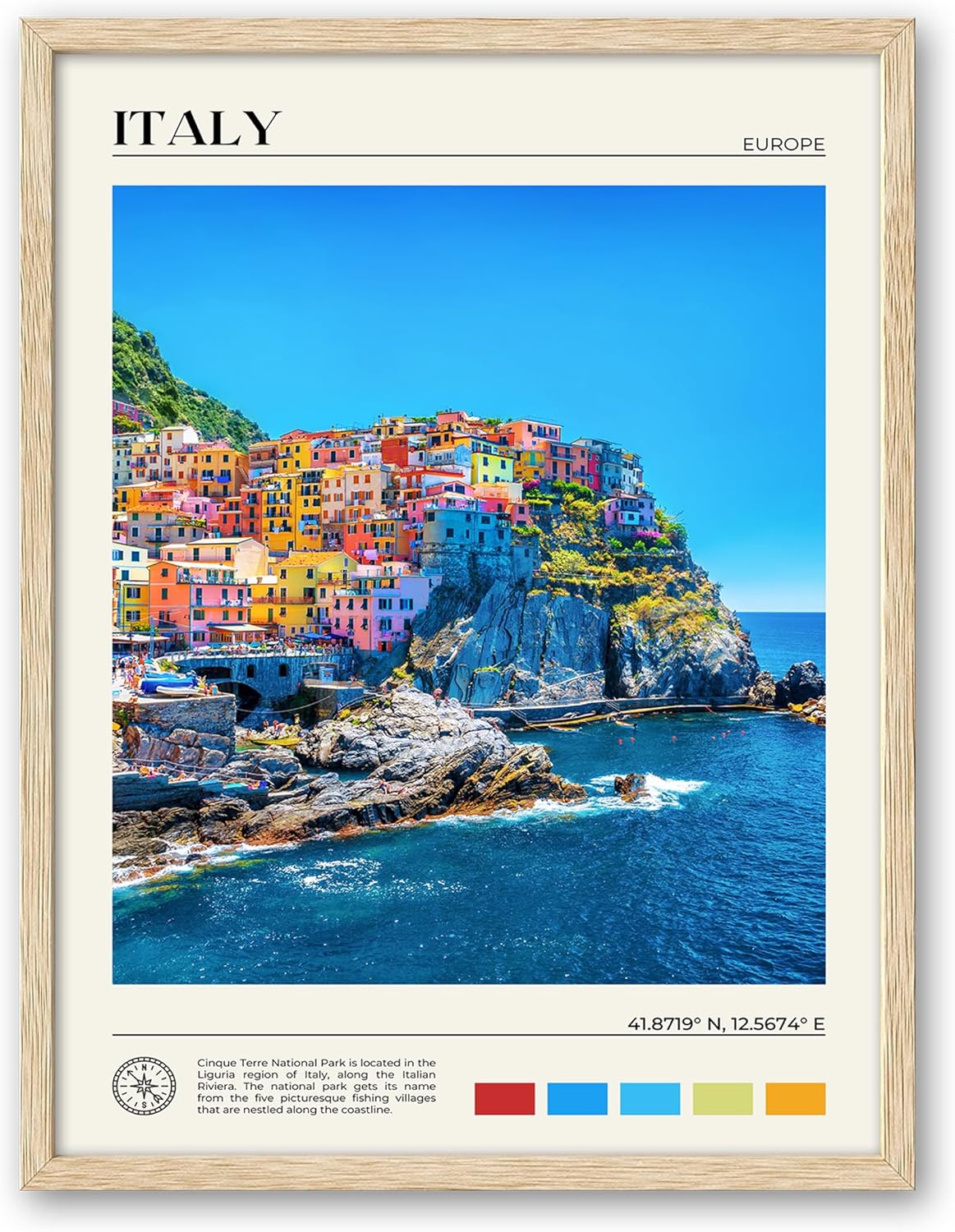 HesenDot Natural OAK Wood Framed Cinque Terre National Park Wall Art,12x16in Italian Natural Seascape Canvas Wall Print,Classic Urban Landmark Wall Decor for Living Room, Bedroom,Office Set of 1