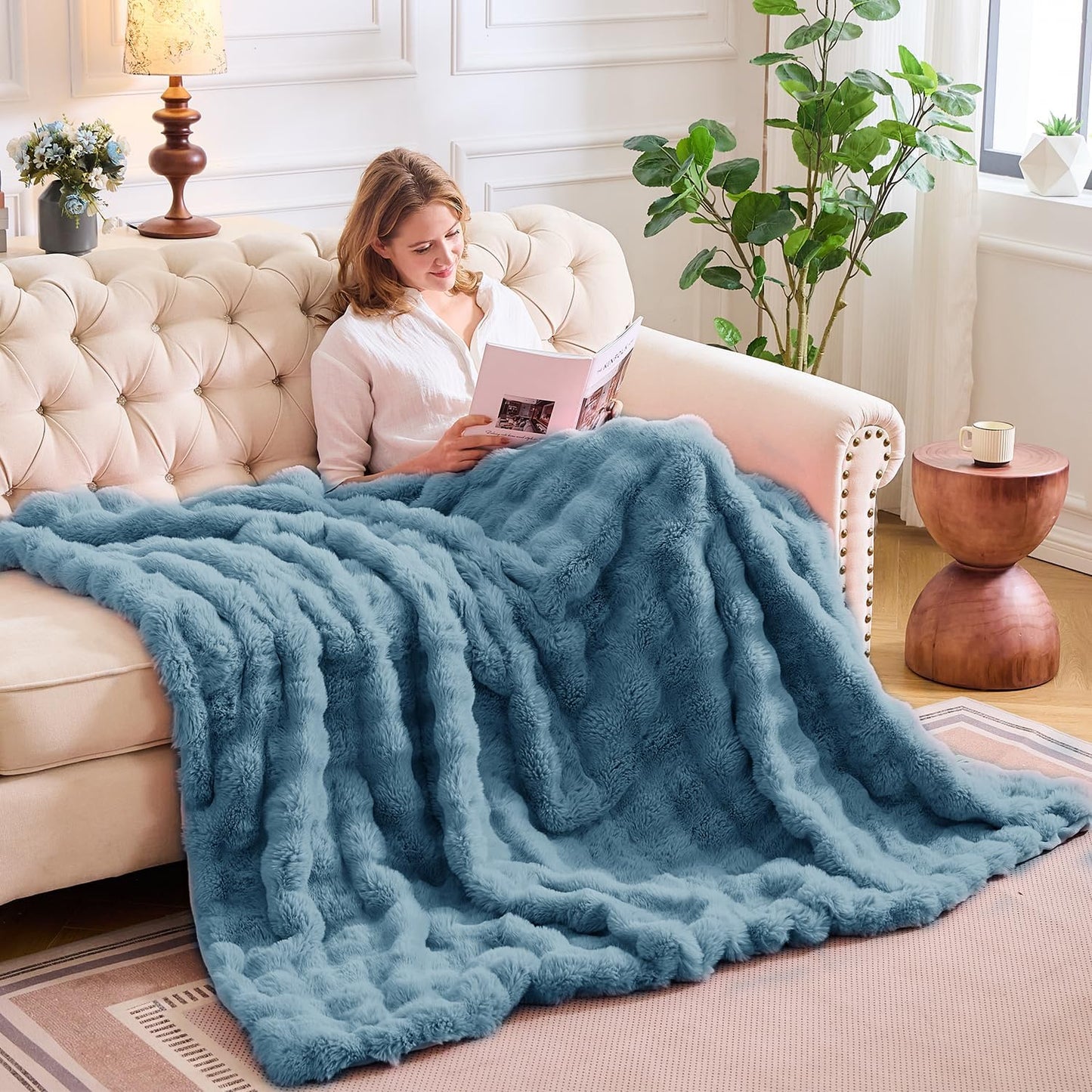 Lotus Karen Fuzzy Throw Blanket Blue - Big Bubble Faux Rabbit Fur Blanket for Couch,Softest Cozy Fluffy Blanket,Thick Furry Plush Shaggy Warm Blankets for Women,50x60 Inches