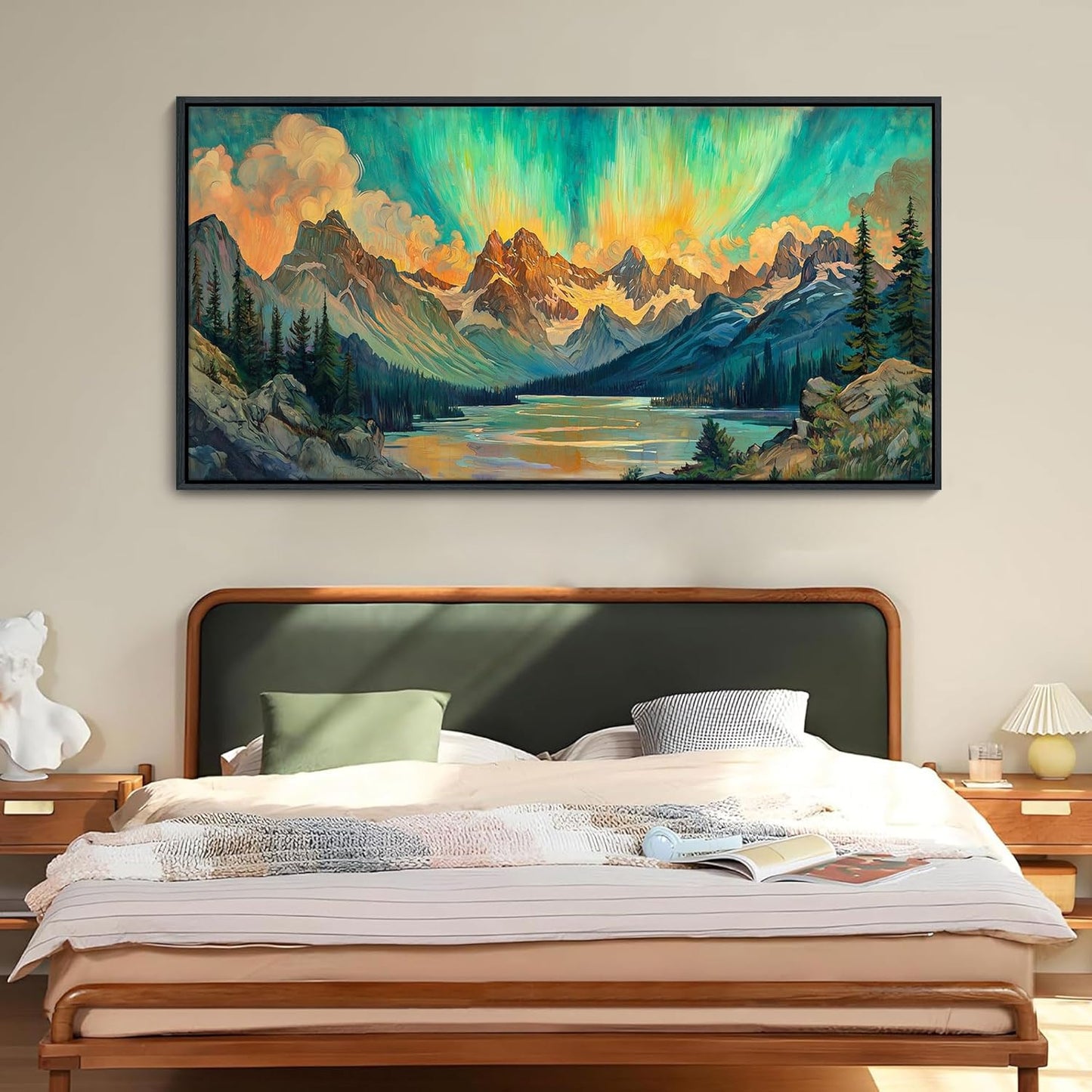 JEAWA Framed Canvas Wall Art - Large Abstract Painting Decor, Textured Mountain Lake Tree Polar Lights Pictures, Modern Art Prints for Bedroom Living Room Bathroom Home Decoration, 29x58 IN