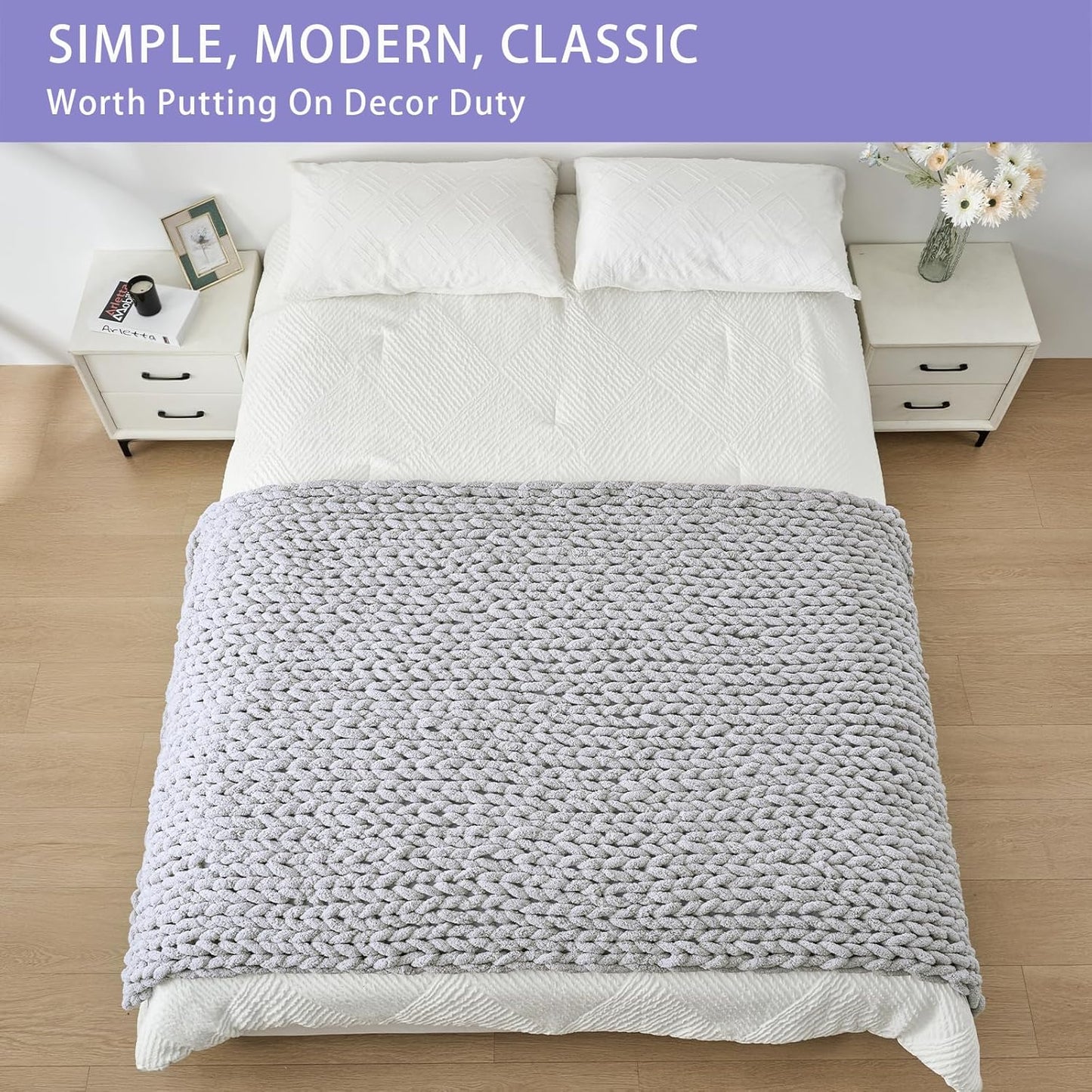 Bigacogo Chunky Knit Throw Blanket for Couch, 40x80 inches, 100% Hand Knitted with Thick Jumbo Chenille Yarn, Cozy Soft Large Rope Knot Cable Crochet Blankets for Sofa Bed Living Room, Light Grey