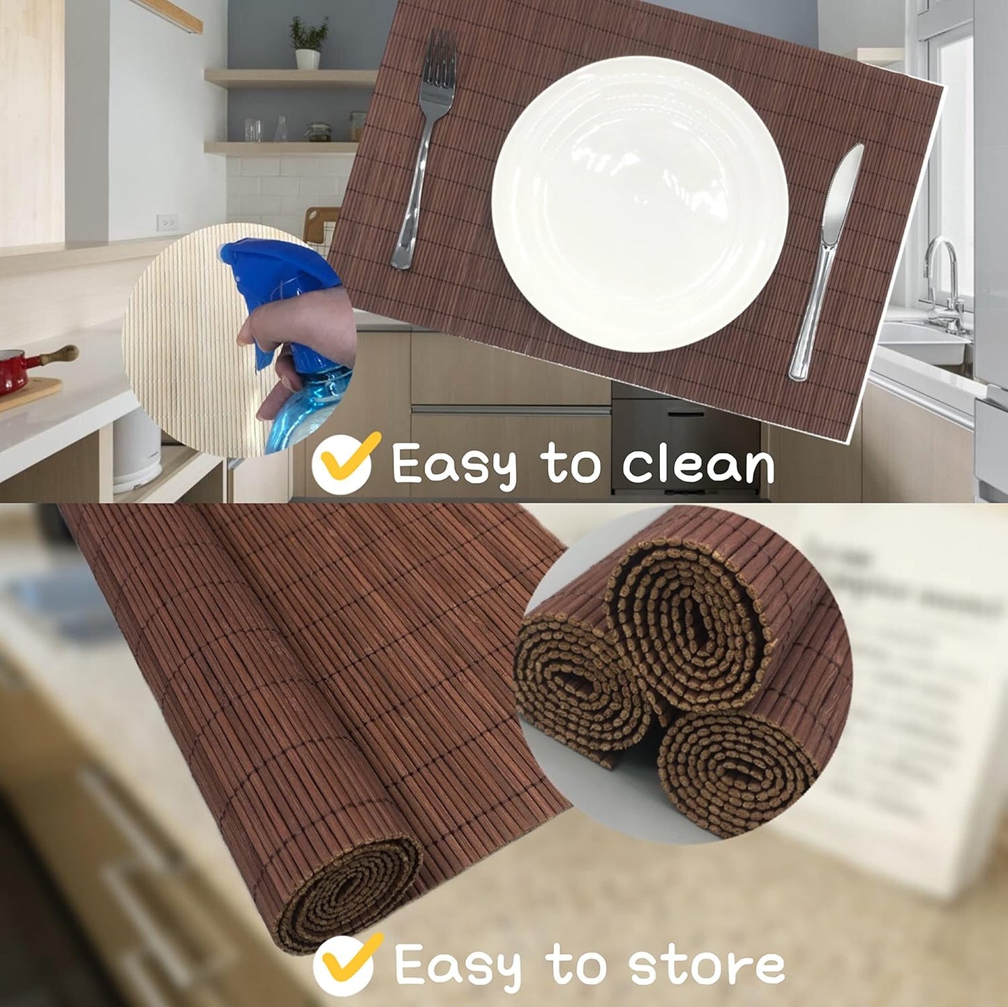 ANDSTAR Set of 12 Pcs Bamboo Placemats Natural Anti-Slip Bamboo Placemats Washable Heat-Resistant Table Mats for Dining Room and Kitchen(Chocolate)