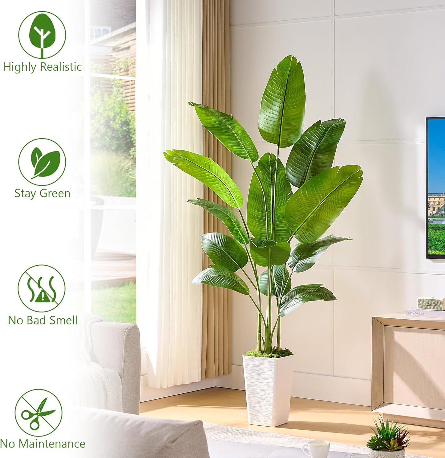 Fake Bird of Paradise Silk Artificial Plant Faux Banana Leaf Tree Lifelike Bird of Paradise for Home Decor Indoor Floor Plant with 10 Trunks (1, White Tall Planter, 6 FT)