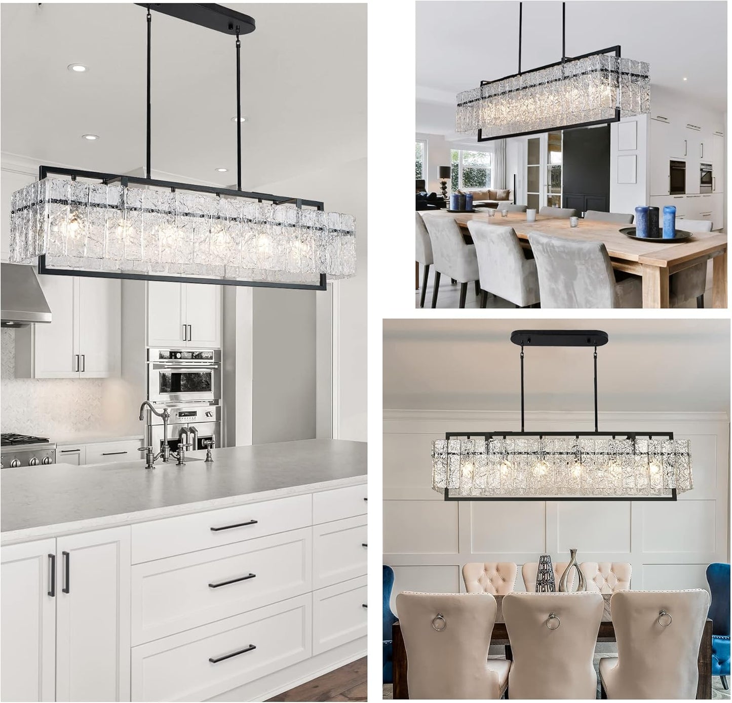 IKK Modern Rectangle Black Crystal Chandeliers for Dining Room, 42" Large Rectangular Water Ripple Glass Island Light Fixture, Linear Farmhouse Lighting for Kitchen Island, Living Room, L42xW11xH12