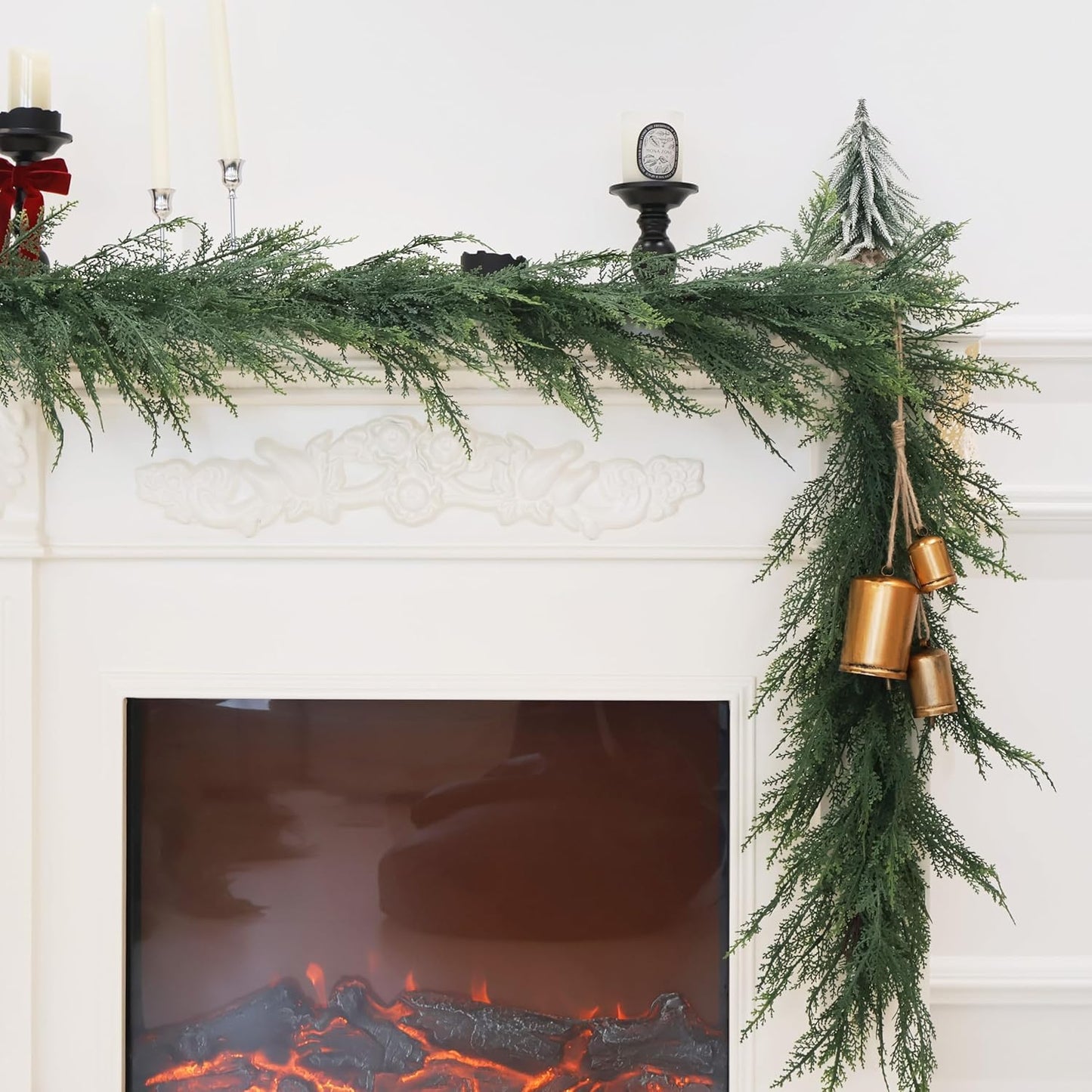 2PCS 9FT Christmas Cedar Garland Full Real Touch Artificial Green Faux Cypress Realistic Pine Garland for Mantle Fireplace Table Home Decoraiton