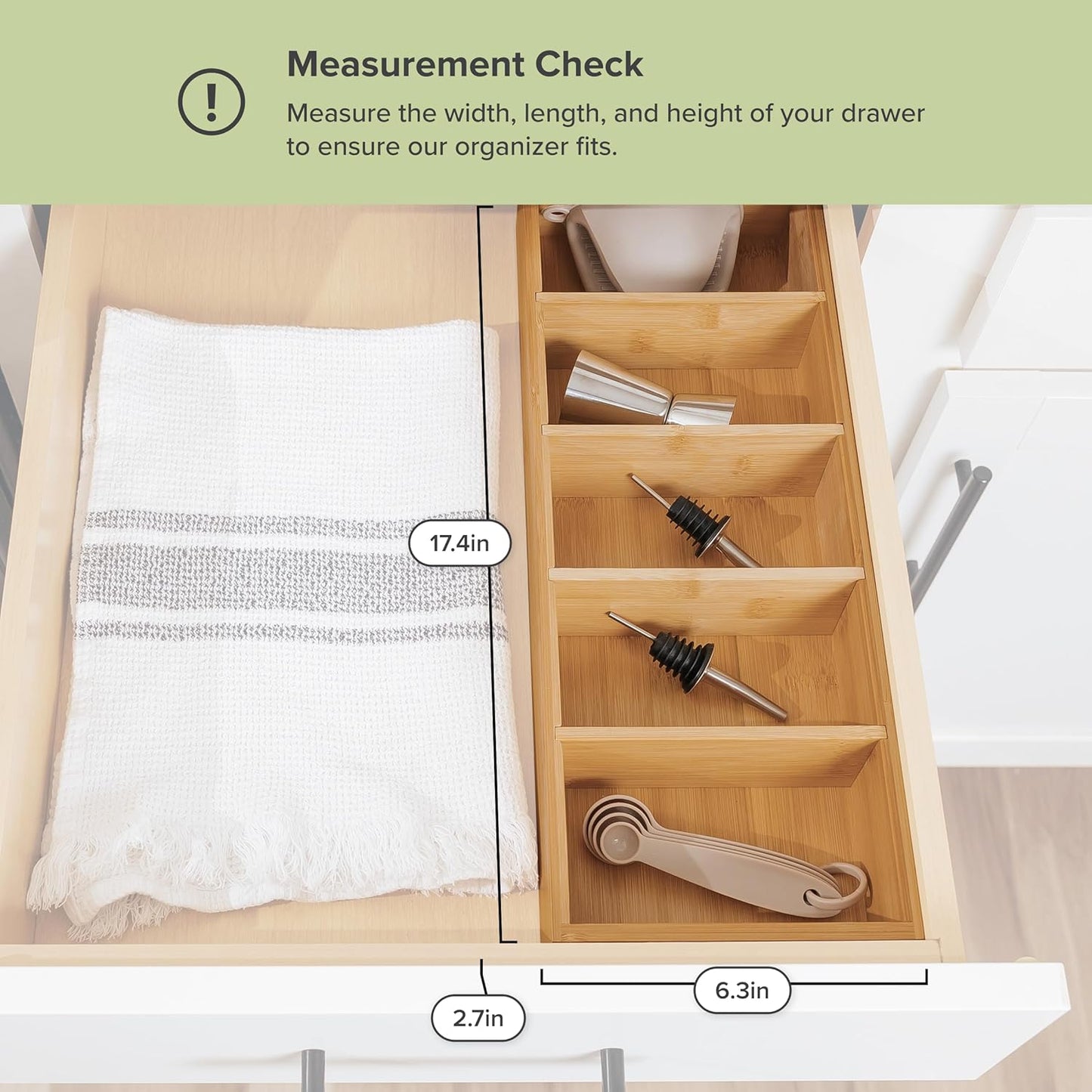 Premium Kitchen Utensils and Junk Drawer Organizer – Small 5-Compartment Design with 4 Removable Dividers, Non-Slip Feet, 100% Sustainable Bamboo