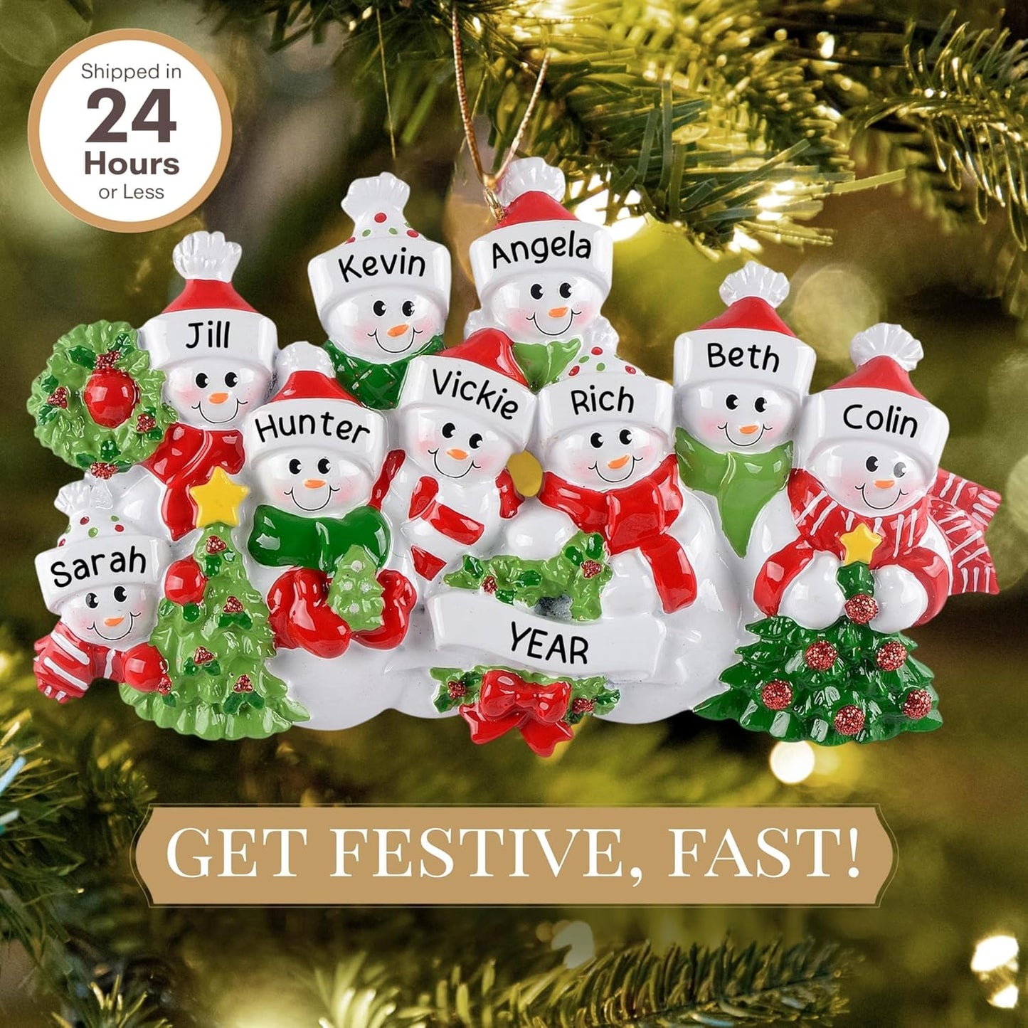 Personalized Large Family of 9 Ornament 2025 | Free 24h Customization | Laser Engraved Snowman Christmas Ornaments for Tree | Custom Gift Wrapped Festive Holiday Keepsake for Nine Persons